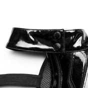 Leather patent-leather synthetic-leather polyester polyurethane elastane Spandex mesh apparel jacket harness body-harness chest-harness shoulder-harness asymmetrical one-shoulder one-arm one-armed one-sided snap-button press-stud adjustable collar high-collar futuristic mechanical glossy shiny unique wild fetish fashion alt-fashion punk cyber cyber-punk costume cosplay dancewear rave ravewear raver-babe female femme feminine womens black