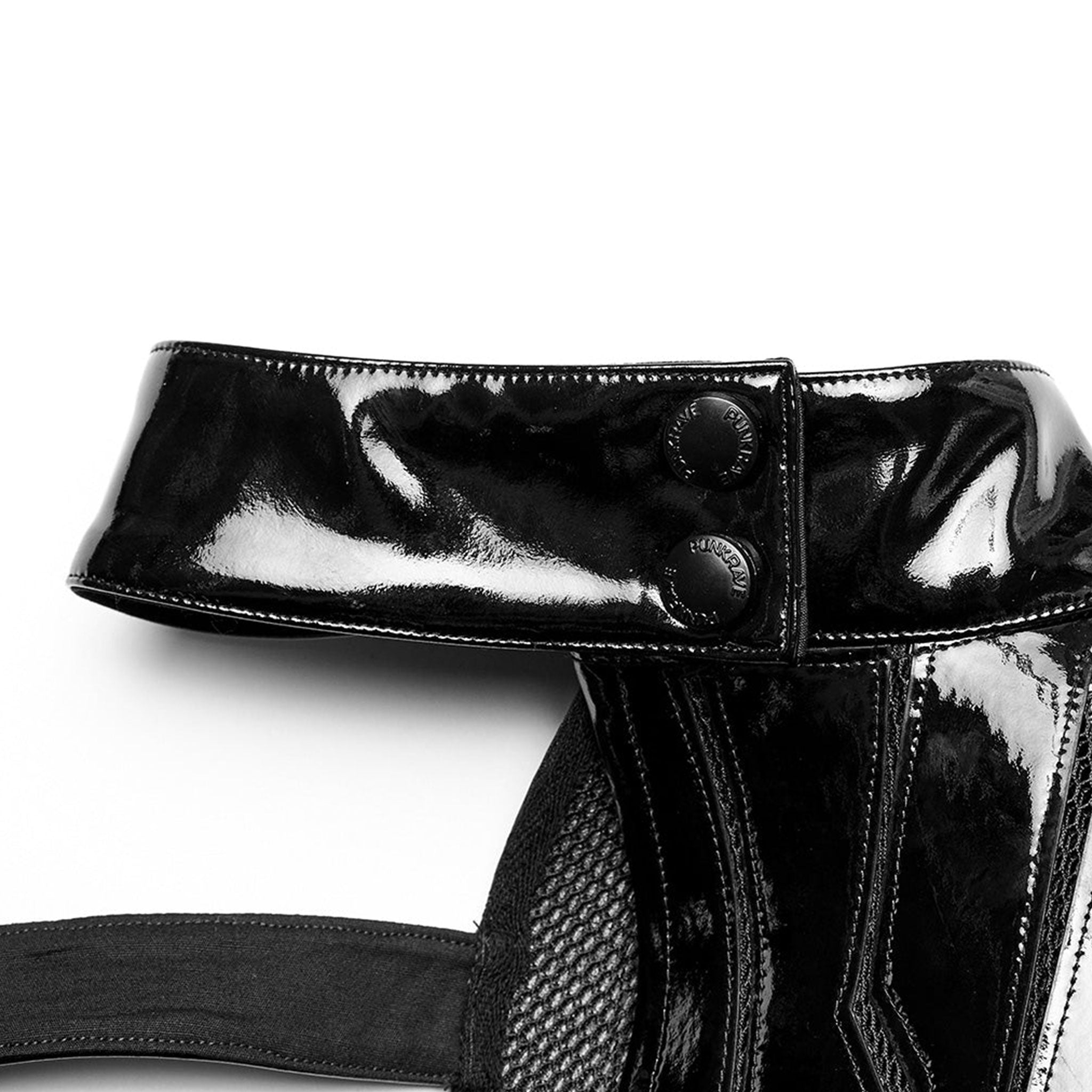 Leather patent-leather synthetic-leather polyester polyurethane elastane Spandex mesh apparel jacket harness body-harness chest-harness shoulder-harness asymmetrical one-shoulder one-arm one-armed one-sided snap-button press-stud adjustable collar high-collar futuristic mechanical glossy shiny unique wild fetish fashion alt-fashion punk cyber cyber-punk costume cosplay dancewear rave ravewear raver-babe female femme feminine womens black