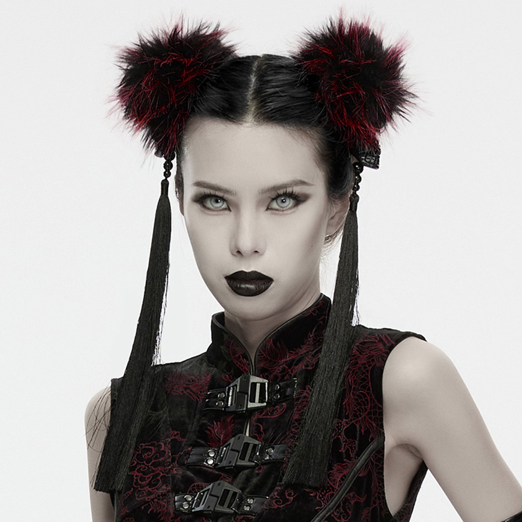 Polyester plastic acrylic elastic accessories head-gear hair-pom pom-pom 3d-skull skull beaded tassel pendant hair-tie hair-loop hair-pin hair-clip eco-friendly versatile unique sweet cool fashion alt-fashion alternative punk goth gothic cyber cyberpunk rave raver-babe festivalwear casual everyday party costume cosplay halloween halloween-accessories techno-orientalism orientalism chinese chinese-new-year afterdark-collection female femme feminine womens black-red