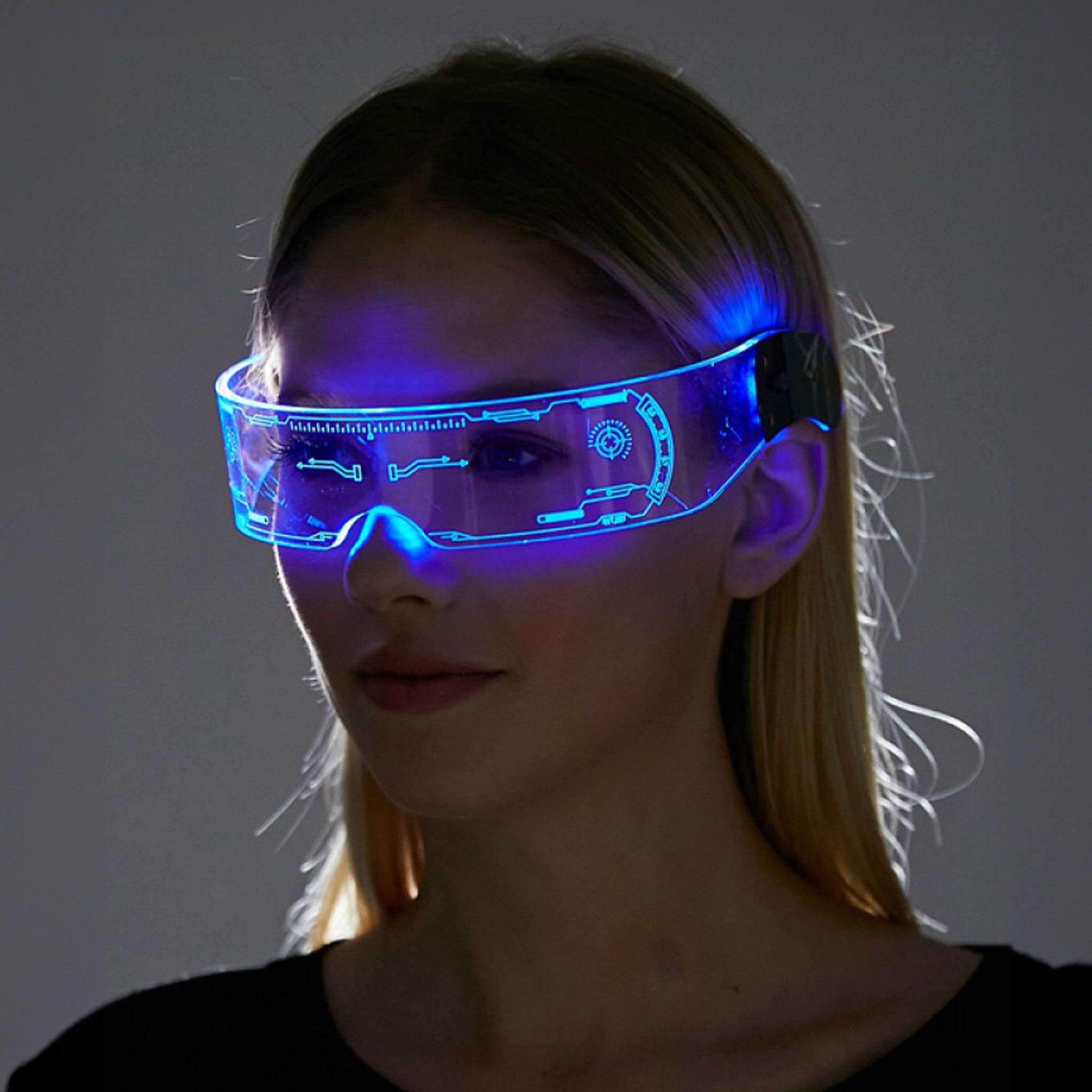 Acrylic plastic accessories headgear eyewear glasses goggles color-changing cycle changing LED single-lens monochrome-color monochrome-flicker slow-flash fast-flash gradient mix-and-match high-tech circuit flashing fetish fashion alt-fashion alternative cyber punk festival rave raver-babe ravewear costume cosplay halloween futuristic future eyekndy unisex clear blue