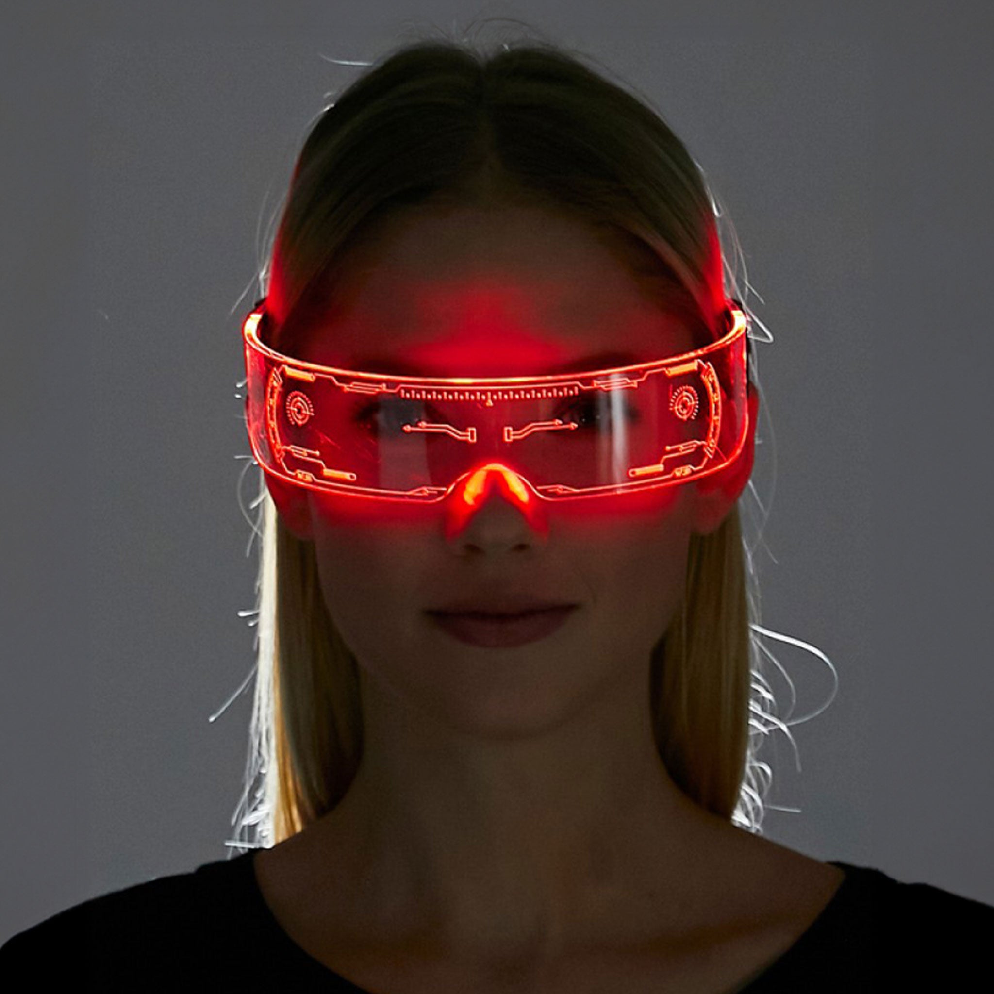 Acrylic plastic accessories headgear eyewear glasses goggles color-changing cycle changing LED single-lens monochrome-color monochrome-flicker slow-flash fast-flash gradient mix-and-match high-tech circuit flashing fetish fashion alt-fashion alternative cyber punk festival rave raver-babe ravewear costume cosplay halloween futuristic future eyekndy unisex clear red