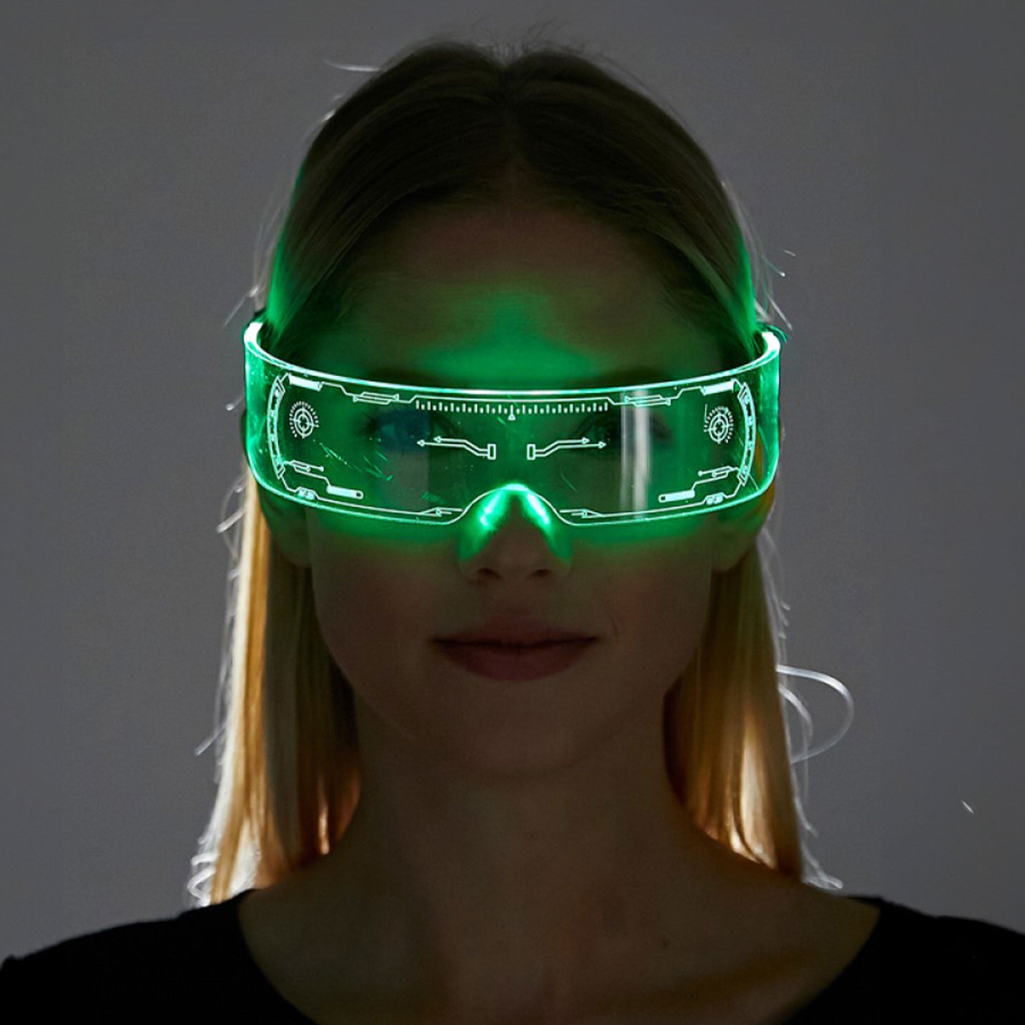 Acrylic plastic accessories headgear eyewear glasses goggles color-changing cycle changing LED single-lens monochrome-color monochrome-flicker slow-flash fast-flash gradient mix-and-match high-tech circuit flashing fetish fashion alt-fashion alternative cyber punk festival rave raver-babe ravewear costume cosplay halloween futuristic future eyekndy unisex clear green