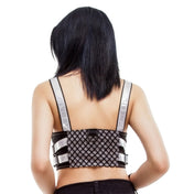 Rayon nylon-webbing Spandex cotton reflective-powder fishnet fish-net apparel outerwear vest safety-vest croptop crop-top D-ring zipper front-zip pull-ring safety-buckle shoulder-straps adjustable reflective fashion alt-fashion alternative punk cyber cyberpunk neon-hex rave ravewear raver-babe festival festivalwear costume cosplay halloween female femme feminine womens eyekndy black silver