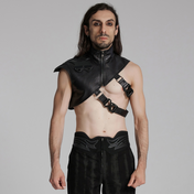 cyberpunk shoulder harness vest black textured rubberized fabric shoulder armor stand up collar adjustable double diagonal buckle straps futuristic punk gothic alternative fashion M L vest
