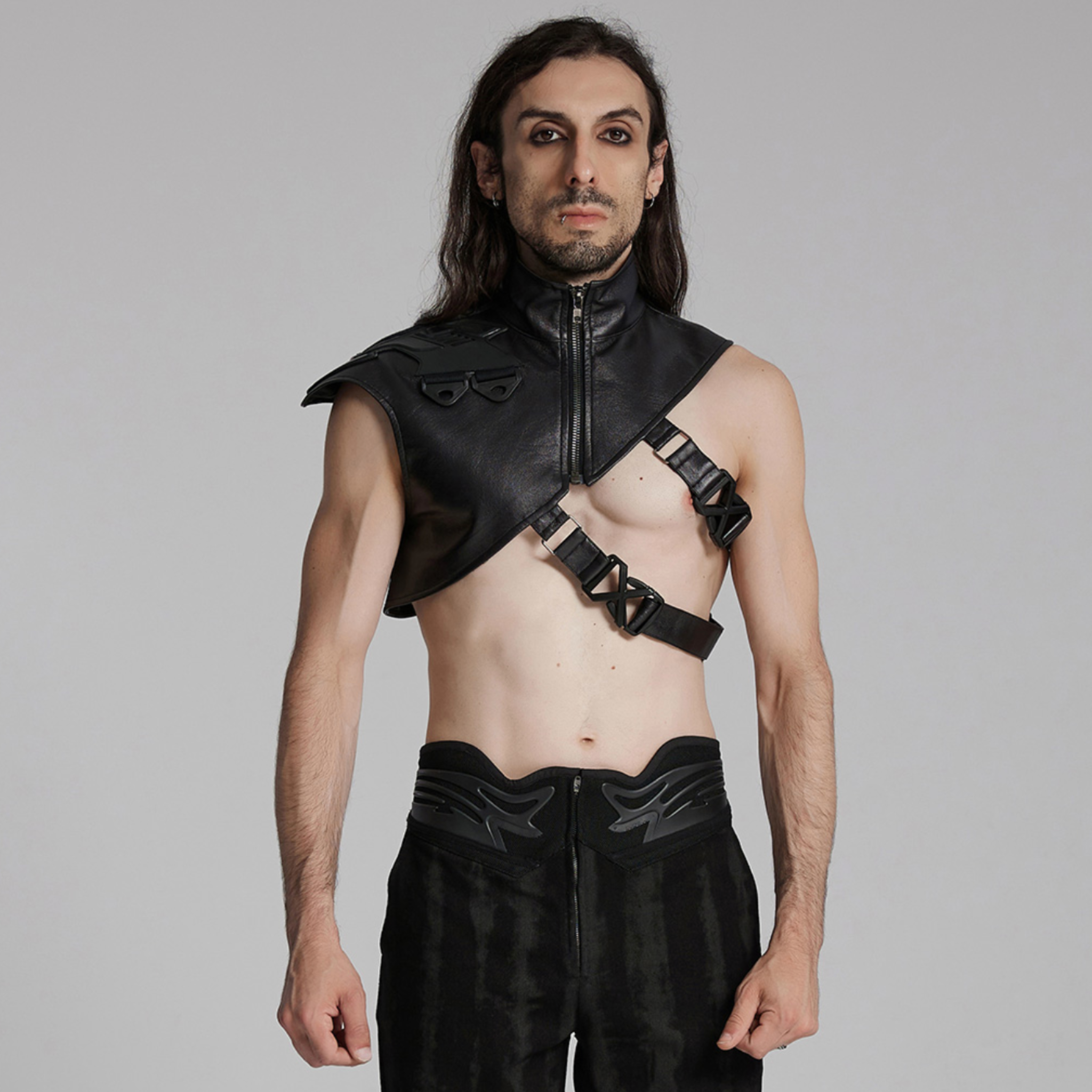 cyberpunk shoulder harness vest black textured rubberized fabric shoulder armor stand up collar adjustable double diagonal buckle straps futuristic punk gothic alternative fashion M L vest