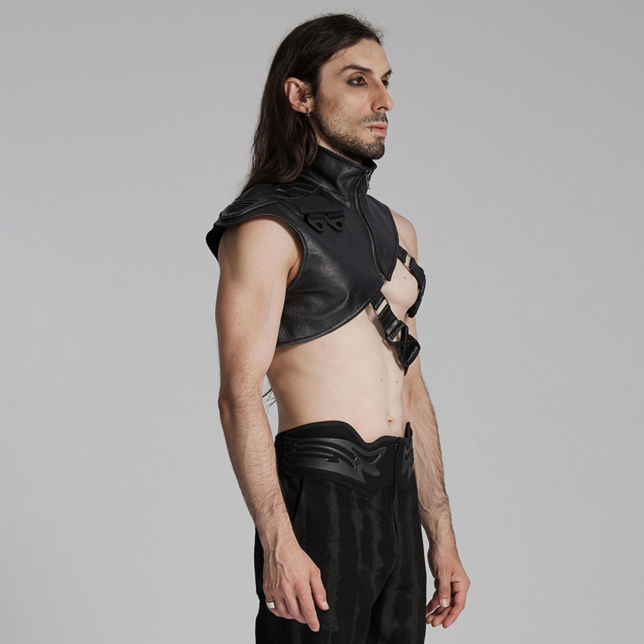 cyberpunk shoulder harness vest black textured rubberized fabric shoulder armor stand up collar adjustable double diagonal buckle straps futuristic punk gothic alternative fashion M L vest