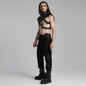 cyberpunk shoulder harness vest black textured rubberized fabric shoulder armor stand up collar adjustable double diagonal buckle straps futuristic punk gothic alternative fashion M L vest