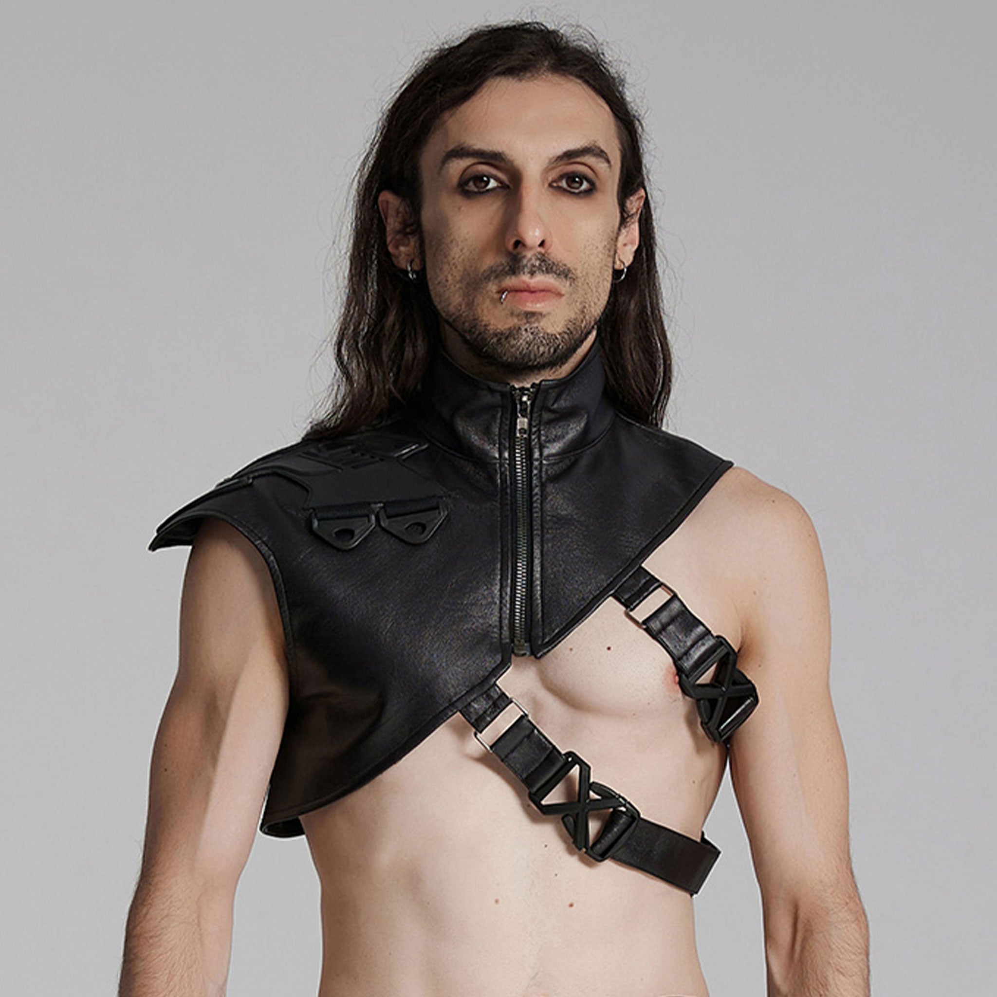Polyester leather faux-leather elastane plastic cotton accessories tops vest harness chest-harness shoulder-harness armor rubberized textured sloping-shoulder high-collar standup-collar adjustable double-straps safety-buckles shiny glossy asymmetrical diagonal futuristic bold fetish fashion alt-fashion alternative punk goth gothic cyber cyber-punk kink kinky kinkwear costume cosplay halloween afterdark-colletction male masculine masc mens menswear guys dudes unisex black