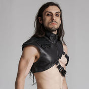 Polyester leather faux-leather elastane plastic cotton accessories tops vest harness chest-harness shoulder-harness armor rubberized textured sloping-shoulder high-collar standup-collar adjustable double-straps safety-buckles shiny glossy asymmetrical diagonal futuristic bold fetish fashion alt-fashion alternative punk goth gothic cyber cyber-punk kink kinky kinkwear costume cosplay halloween afterdark-colletction male masculine masc mens menswear guys dudes unisex black