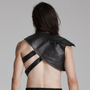 Polyester leather faux-leather elastane plastic cotton accessories tops vest harness chest-harness shoulder-harness armor rubberized textured sloping-shoulder high-collar standup-collar adjustable double-straps safety-buckles shiny glossy asymmetrical diagonal futuristic bold fetish fashion alt-fashion alternative punk goth gothic cyber cyber-punk kink kinky kinkwear costume cosplay halloween afterdark-colletction male masculine masc mens menswear guys dudes unisex black