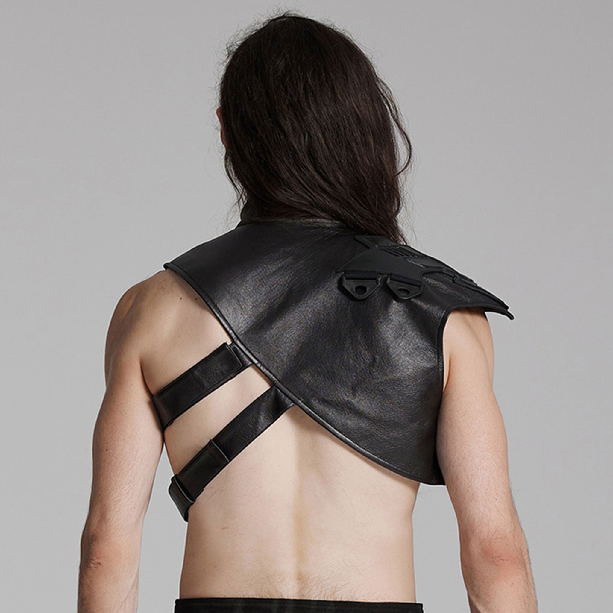 Polyester leather faux-leather elastane plastic cotton accessories tops vest harness chest-harness shoulder-harness armor rubberized textured sloping-shoulder high-collar standup-collar adjustable double-straps safety-buckles shiny glossy asymmetrical diagonal futuristic bold fetish fashion alt-fashion alternative punk goth gothic cyber cyber-punk kink kinky kinkwear costume cosplay halloween afterdark-colletction male masculine masc mens menswear guys dudes unisex black