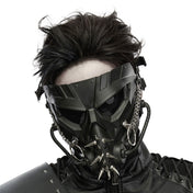 Plastic metallic-chains semi-transparent elastic accessories head-gear mask molded-plastic spiked spikes dark-lenses ring-mail O-ring base-plate hanging-chain mouthpiece segmented-tubing elastic-harness adjustable angular sculpted geometric aggressive intimidating durable fashion alt-fashion alternative punk goth gothic cyber cyber-punk tactical dystopian post-apocalyptic dark street-fashion street-culture clubbing clubwear industrial costume cosplay halloween afterdark-collection unisex black 