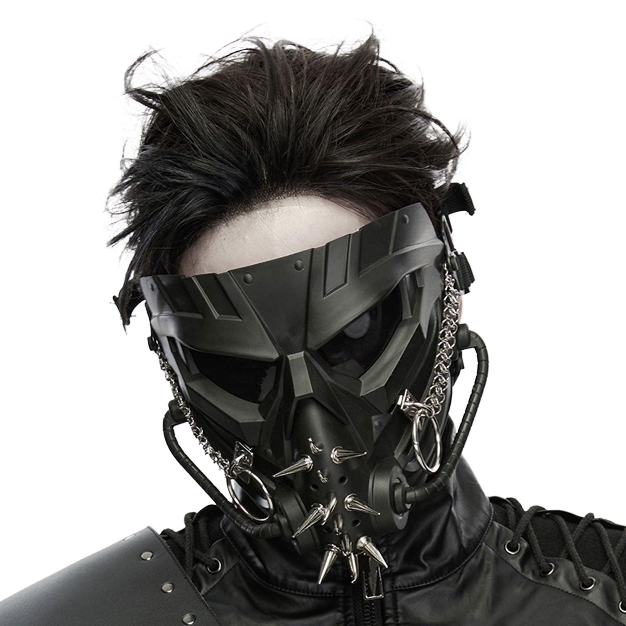 Plastic metallic-chains semi-transparent elastic accessories head-gear mask molded-plastic spiked spikes dark-lenses ring-mail O-ring base-plate hanging-chain mouthpiece segmented-tubing elastic-harness adjustable angular sculpted geometric aggressive intimidating durable fashion alt-fashion alternative punk goth gothic cyber cyber-punk tactical dystopian post-apocalyptic dark street-fashion street-culture clubbing clubwear industrial costume cosplay halloween afterdark-collection unisex black 
