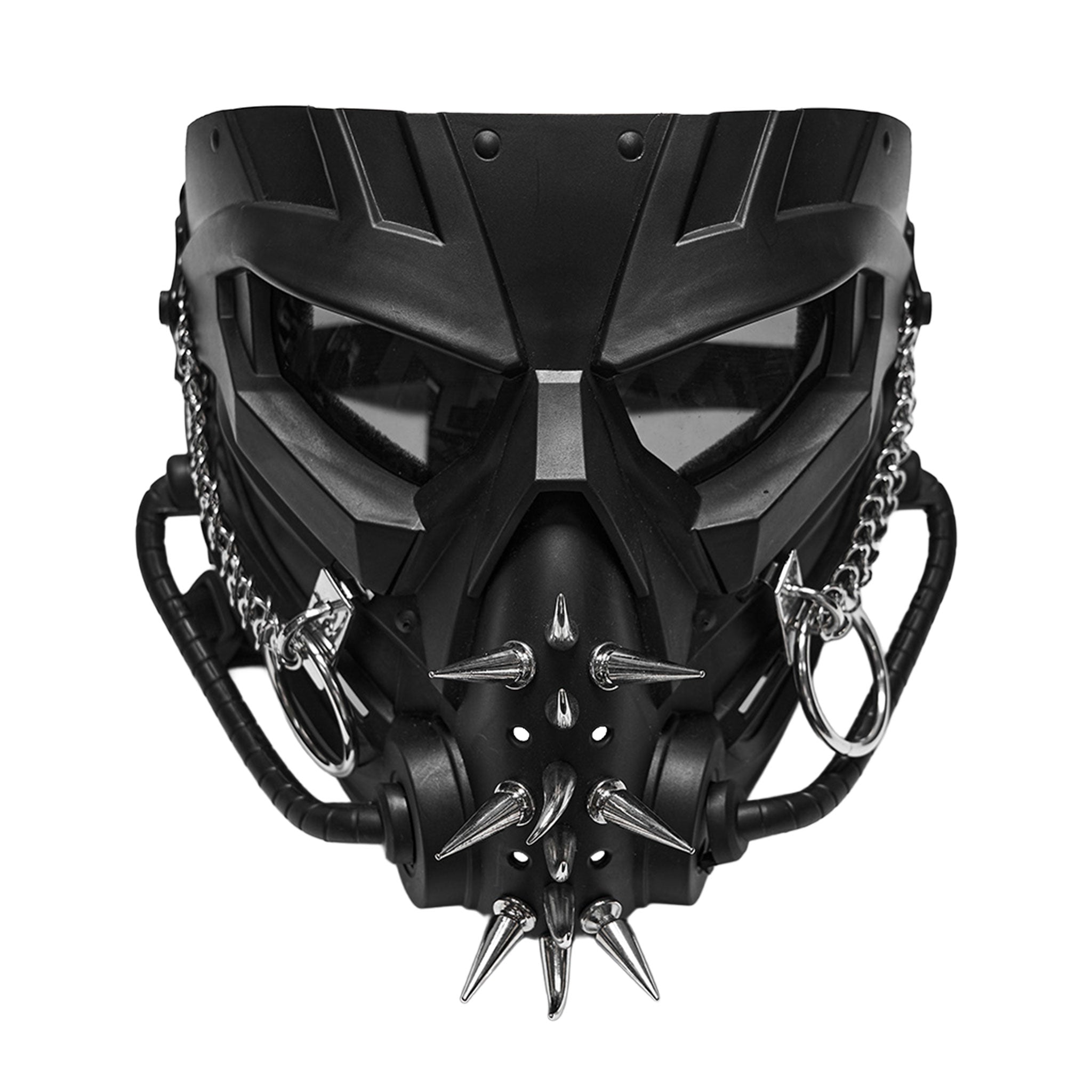 Plastic metallic-chains semi-transparent elastic accessories head-gear mask molded-plastic spiked spikes dark-lenses ring-mail O-ring base-plate hanging-chain mouthpiece segmented-tubing elastic-harness adjustable angular sculpted geometric aggressive intimidating durable fashion alt-fashion alternative punk goth gothic cyber cyber-punk tactical dystopian post-apocalyptic dark street-fashion street-culture clubbing clubwear industrial costume cosplay halloween afterdark-collection unisex black 