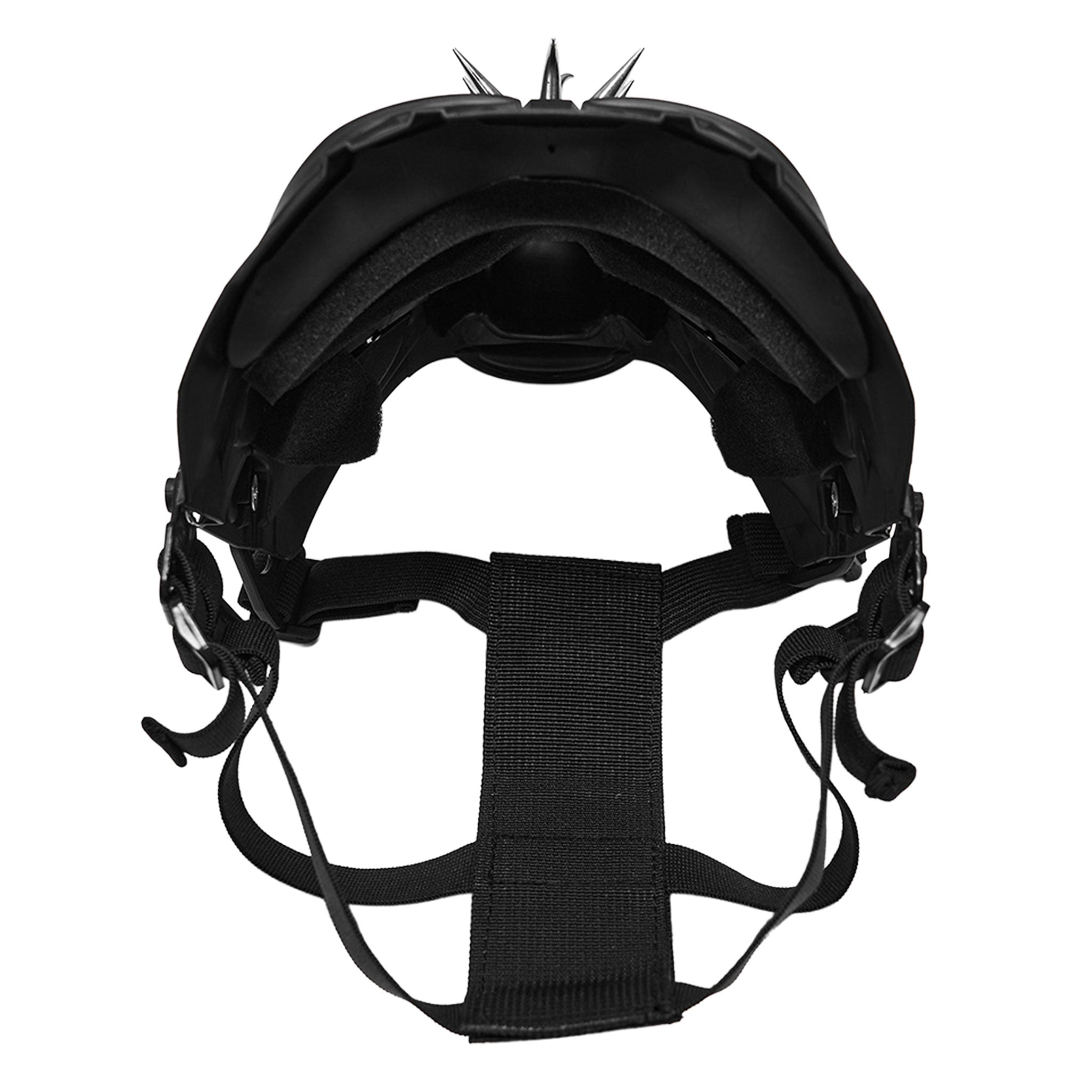 Plastic metallic-chains semi-transparent elastic accessories head-gear mask molded-plastic spiked spikes dark-lenses ring-mail O-ring base-plate hanging-chain mouthpiece segmented-tubing elastic-harness adjustable angular sculpted geometric aggressive intimidating durable fashion alt-fashion alternative punk goth gothic cyber cyber-punk tactical dystopian post-apocalyptic dark street-fashion street-culture clubbing clubwear industrial costume cosplay halloween afterdark-collection unisex black 