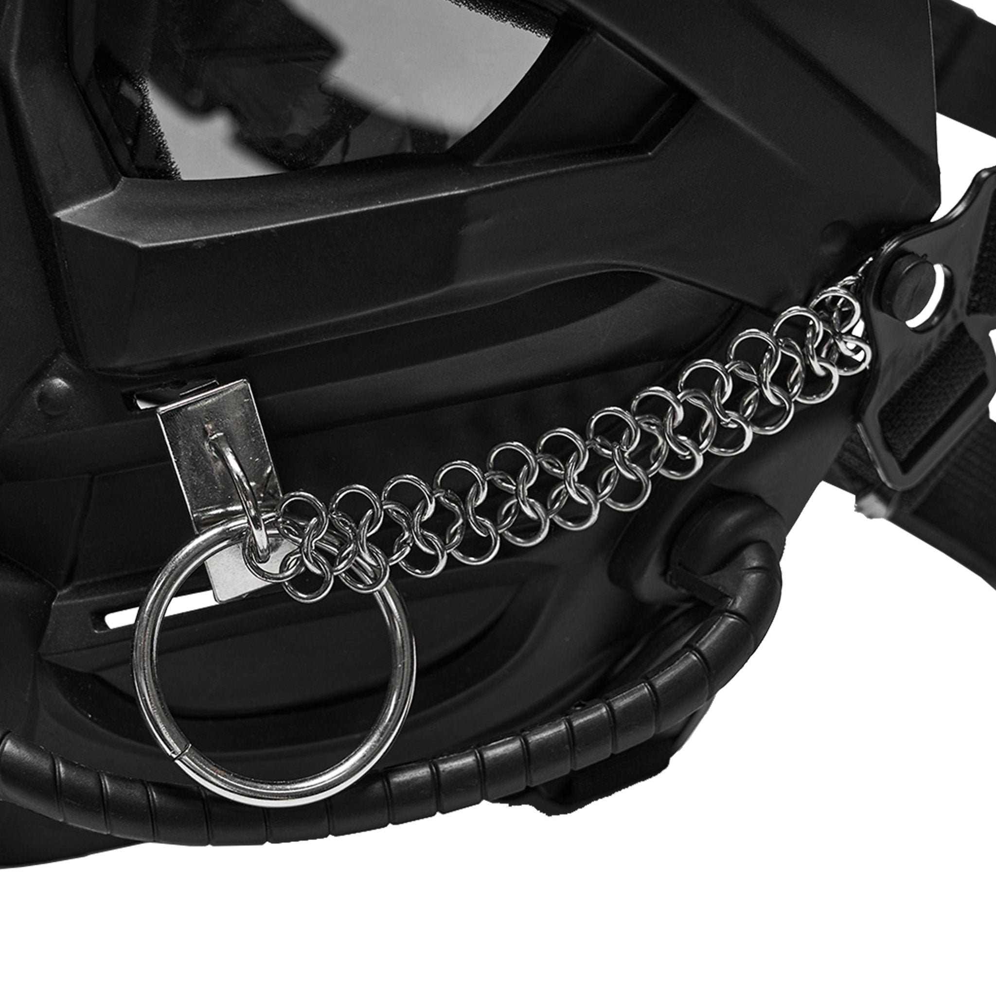 Plastic metallic-chains semi-transparent elastic accessories head-gear mask molded-plastic spiked spikes dark-lenses ring-mail O-ring base-plate hanging-chain mouthpiece segmented-tubing elastic-harness adjustable angular sculpted geometric aggressive intimidating durable fashion alt-fashion alternative punk goth gothic cyber cyber-punk tactical dystopian post-apocalyptic dark street-fashion street-culture clubbing clubwear industrial costume cosplay halloween afterdark-collection unisex black 