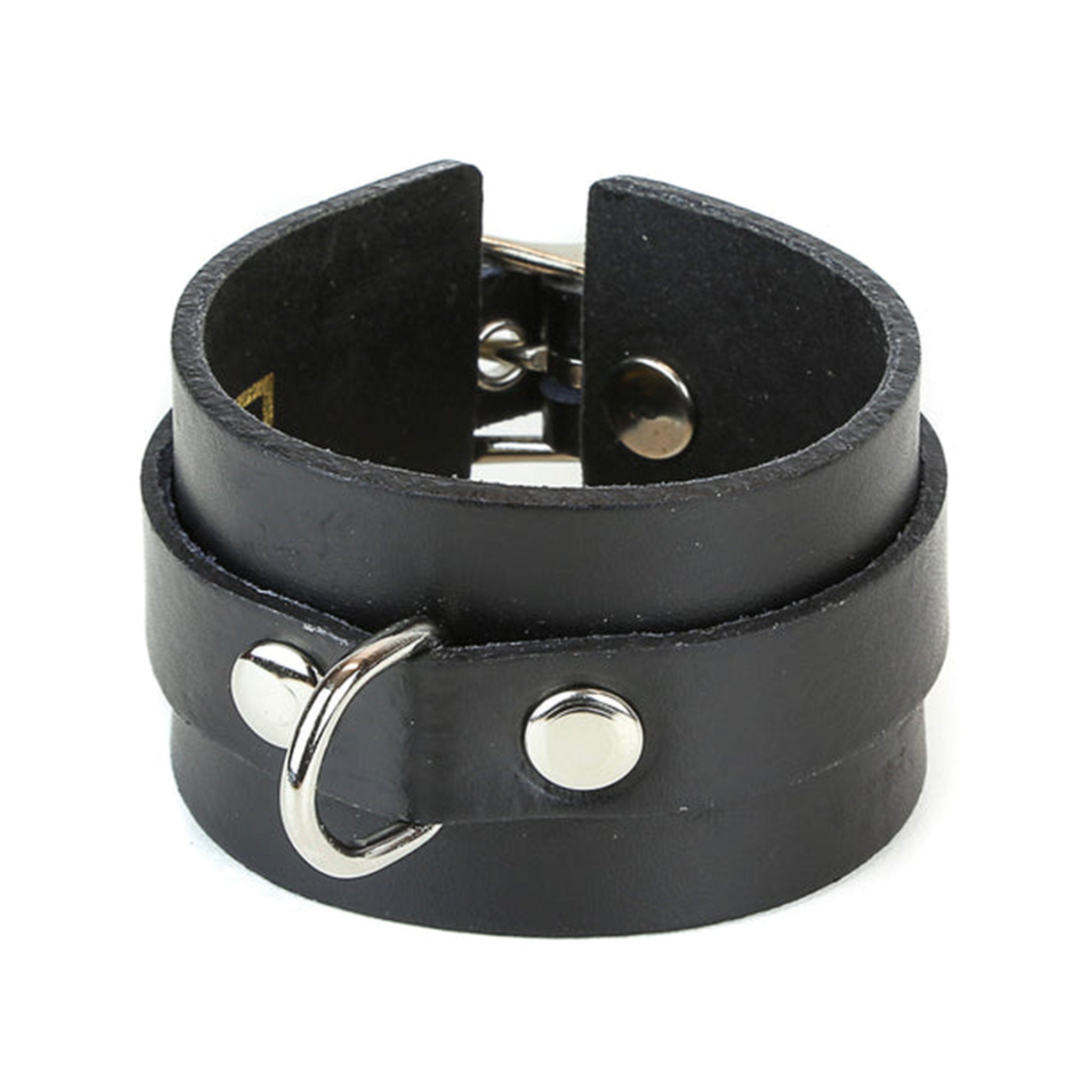 d-ring buckle bracelet leather vinyl cuff adjustable cone studs bondage punk fashion accessory fetish cuff