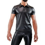 Black leather-look short sleeve polo shirt with a D-ring collar, two-button closure, and a fitted cut.