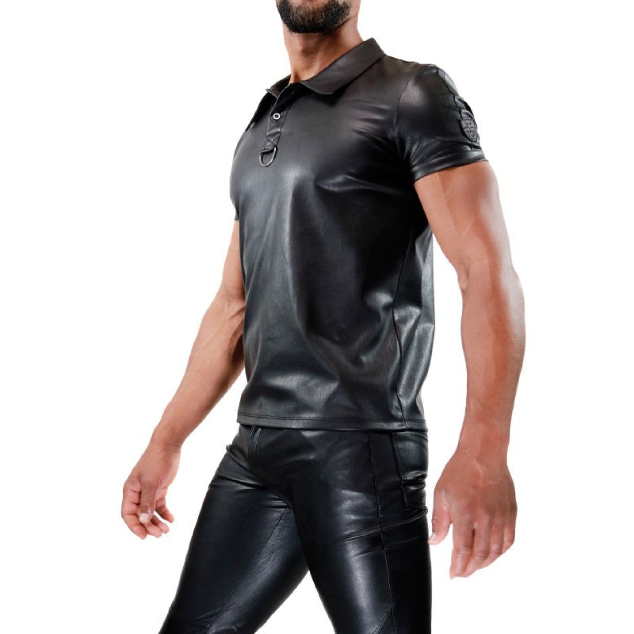 Black leather-look short sleeve polo shirt with a D-ring collar, two-button closure, and a fitted cut.