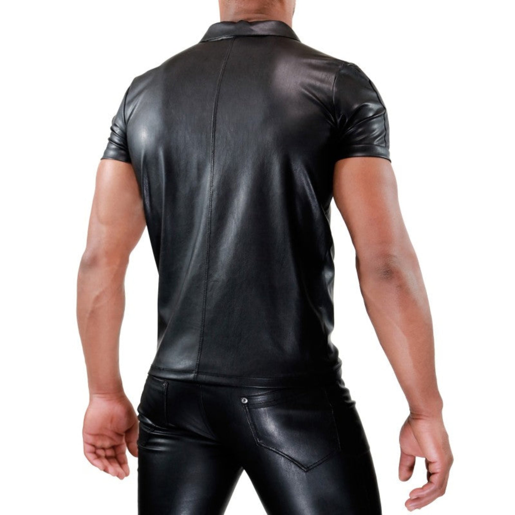 Black leather-look short sleeve polo shirt with a D-ring collar, two-button closure, and a fitted cut.
