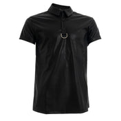 Black leather-look short sleeve polo shirt with a D-ring collar, two-button closure, and a fitted cut.