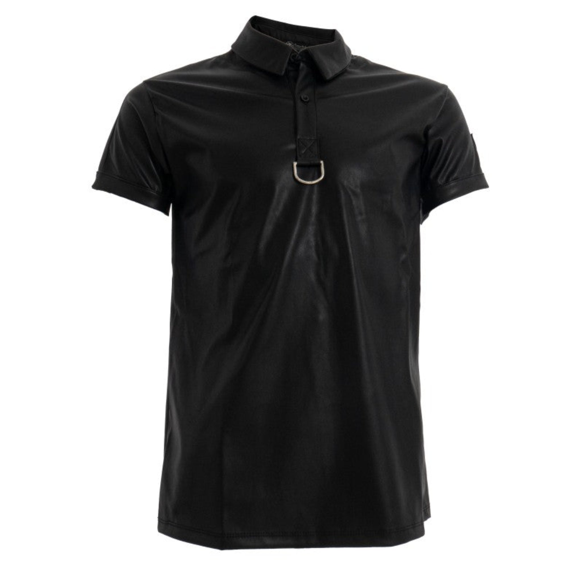 Black leather-look short sleeve polo shirt with a D-ring collar, two-button closure, and a fitted cut.