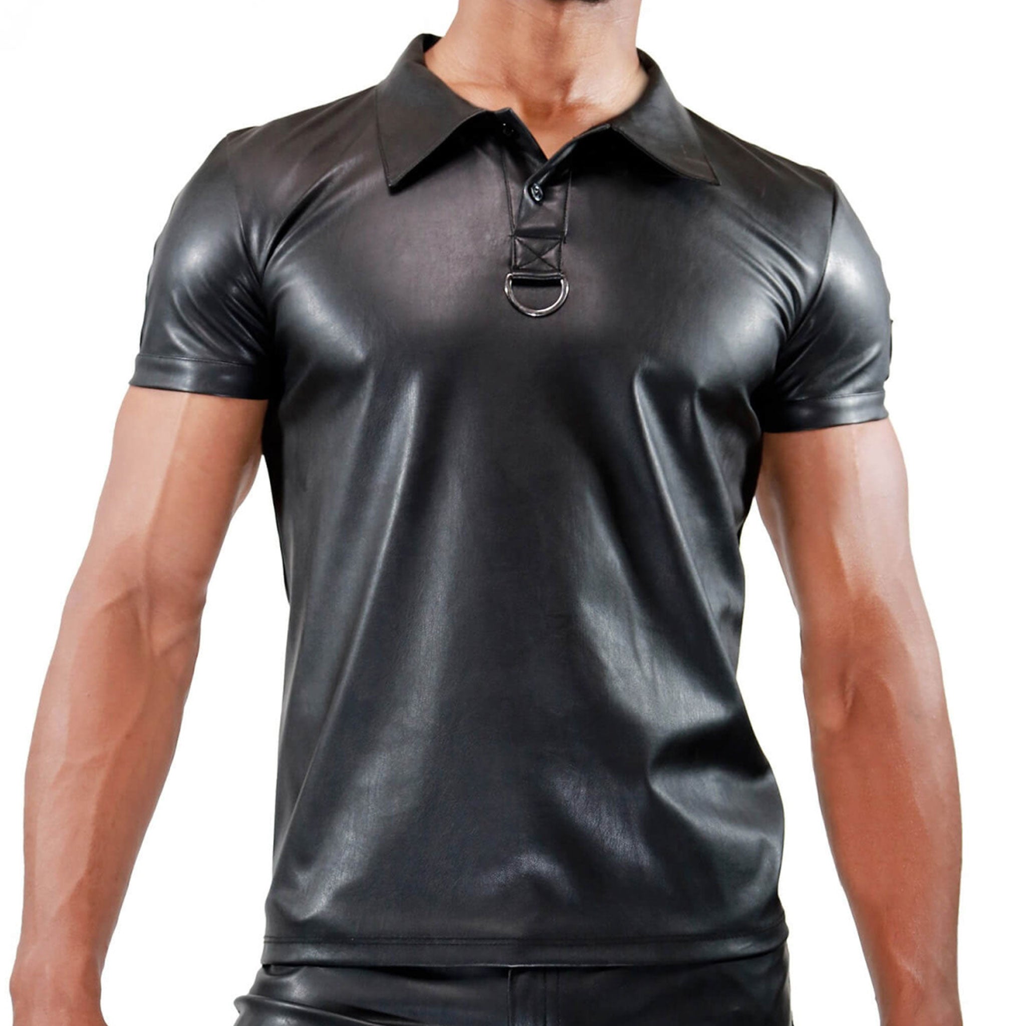 Leather imitation-leather polyester polyurethane matte-finish wetlook zamak-alloy apparel top shirt polo-shirt sleeve sleeves sleeved short-sleeve lapel-collar structured-collar D-ring stirrup button-closure fitted-cut tight-fit double-stitched stress-seam back-seam sexy sleek chic fetish fashion alt-fashion casual male masculine masc mens menswear guys dudes black