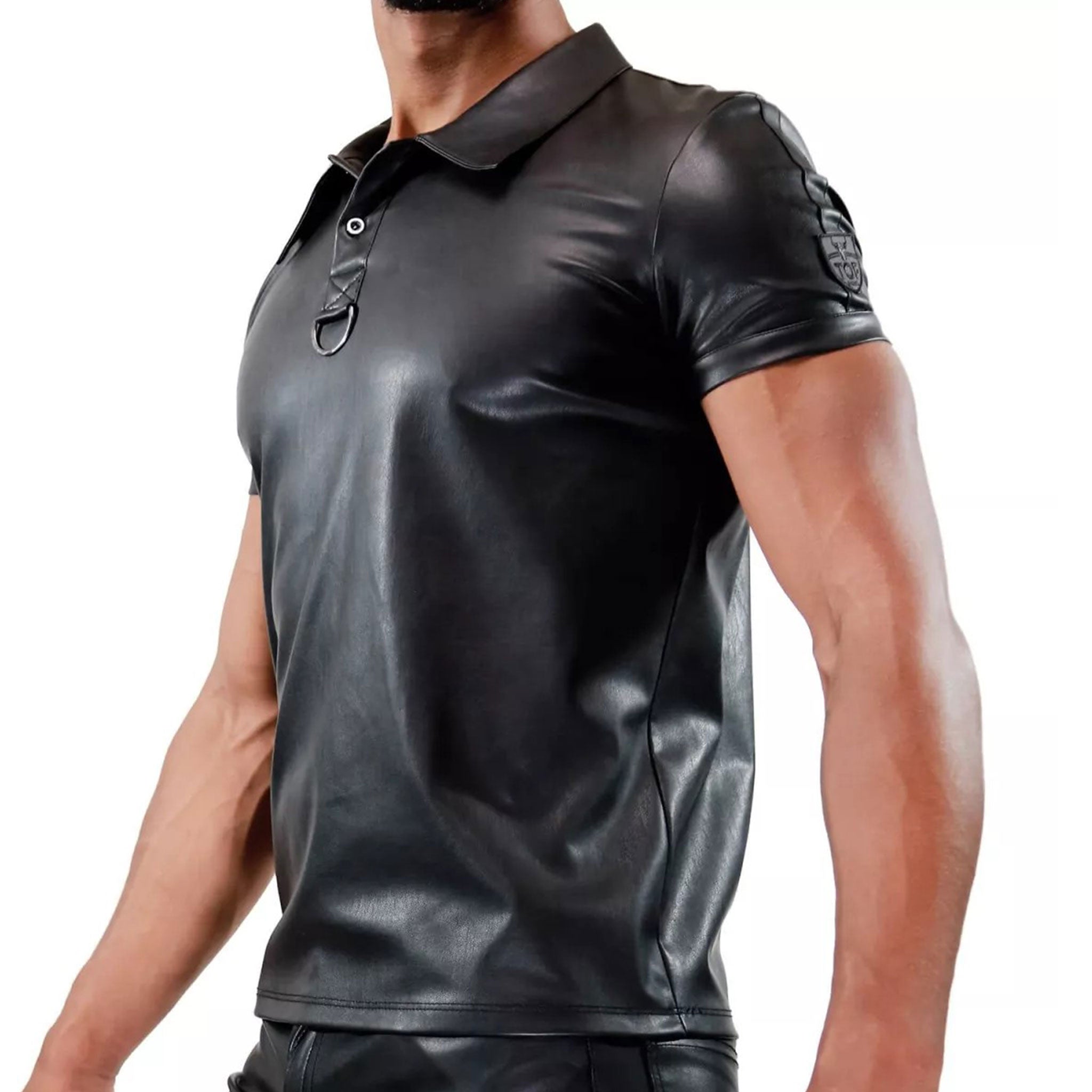 Leather imitation-leather polyester polyurethane matte-finish wetlook zamak-alloy apparel top shirt polo-shirt sleeve sleeves sleeved short-sleeve lapel-collar structured-collar D-ring stirrup button-closure fitted-cut tight-fit double-stitched stress-seam back-seam sexy sleek chic fetish fashion alt-fashion casual male masculine masc mens menswear guys dudes black