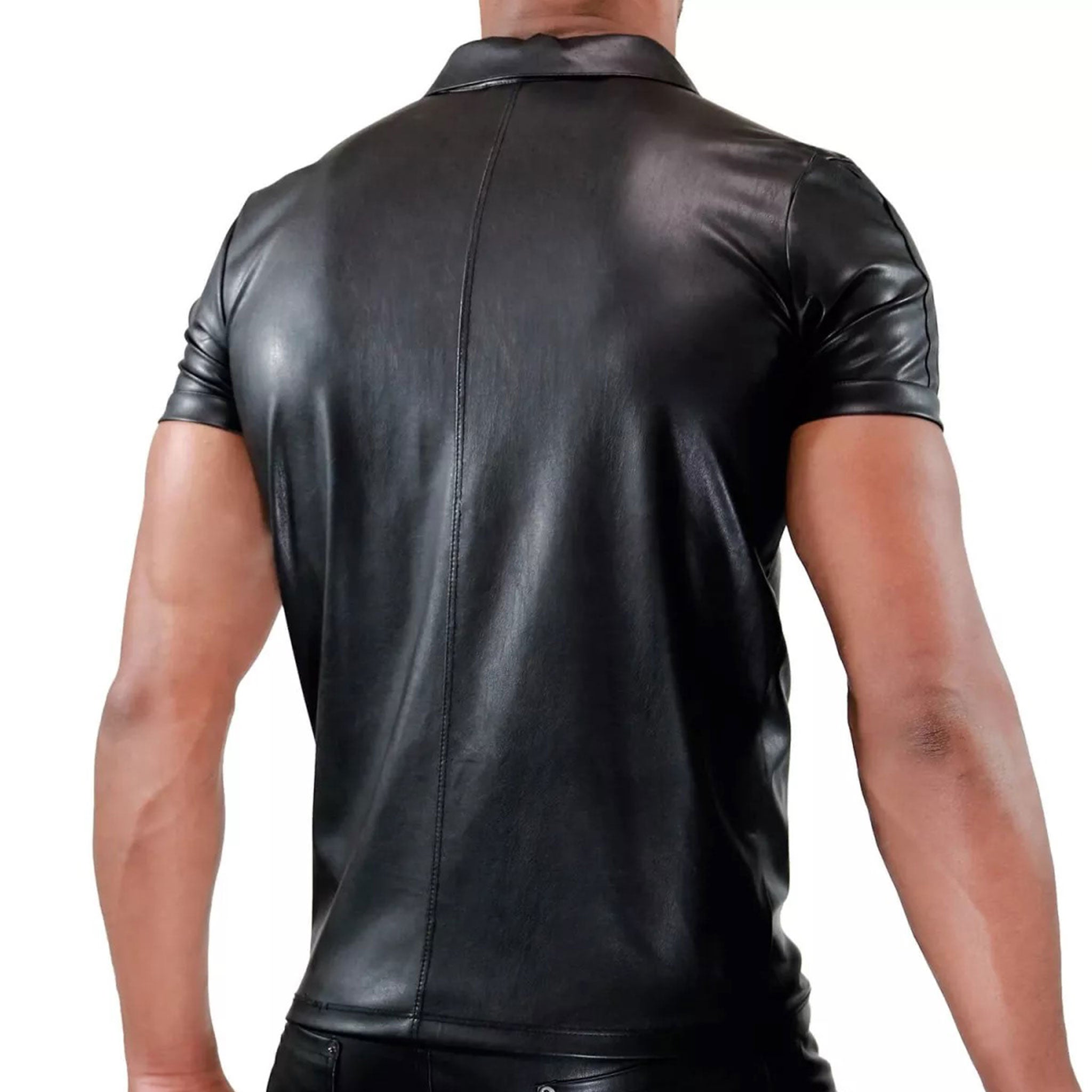 Leather imitation-leather polyester polyurethane matte-finish wetlook zamak-alloy apparel top shirt polo-shirt sleeve sleeves sleeved short-sleeve lapel-collar structured-collar D-ring stirrup button-closure fitted-cut tight-fit double-stitched stress-seam back-seam sexy sleek chic fetish fashion alt-fashion casual male masculine masc mens menswear guys dudes black