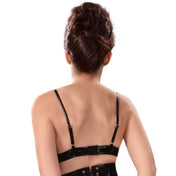Latex natural-rubber polyamide elastane datex apparel intimates tops lingerie bra open-bust adjustable straps O-ring harness-inspired hook-and-eye back-closure strappy shiny glossy body-contouring soft flexible fetish fashion alt-fashion bondage bdsm exposure exhibitionism female femme feminine womens black
