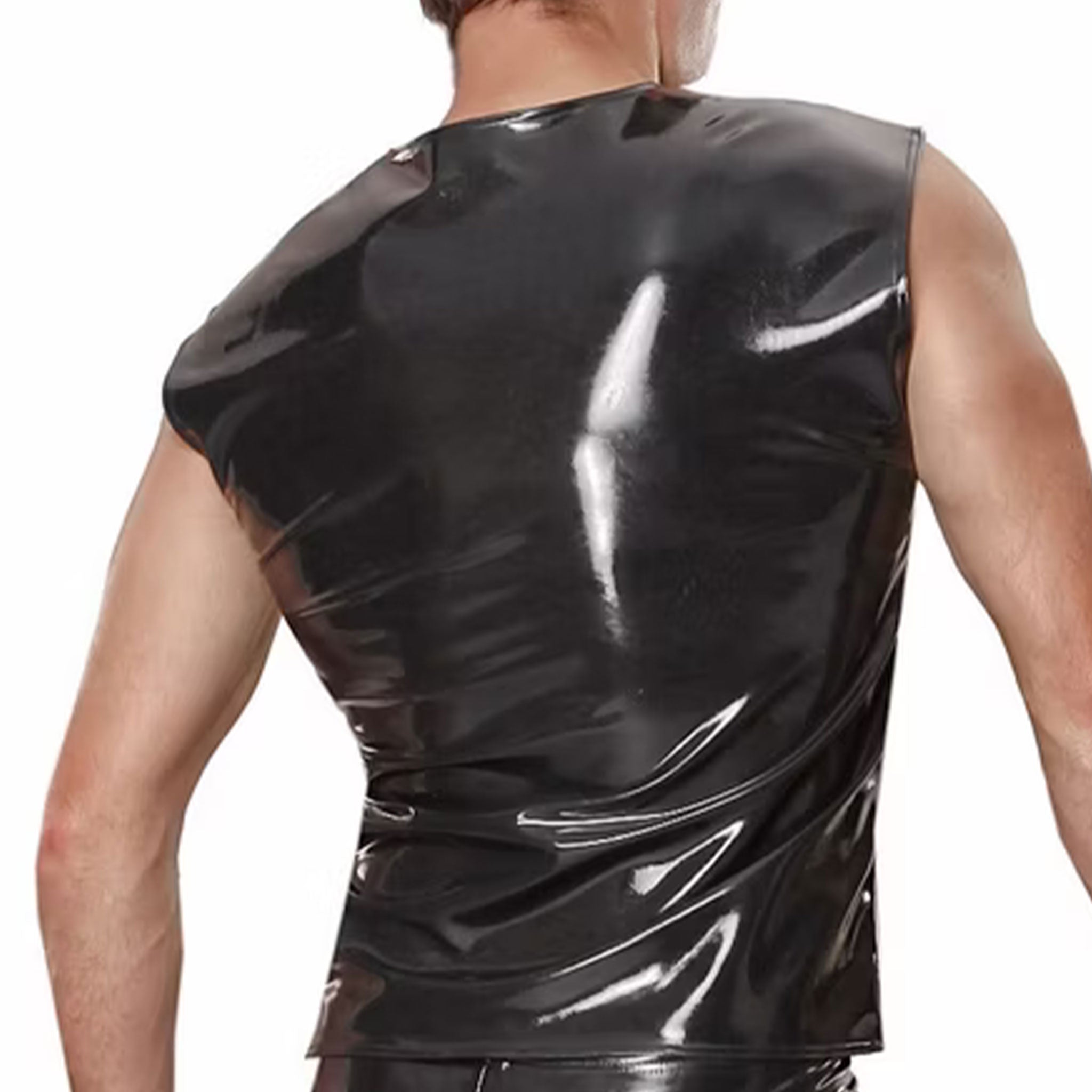 Datex latex rubber polyamide elastane hybrid top tanktop tank-top shirt muscle-shirt sleeveless pullover pull-over round neckline stretch fabric second-skin clean-cut body-hugging sleek shiny glossy stretchy flexible breathable fetish fashion clubwear club minimalism modern edgy bold fetishwear fetish fashion male masculine masc mens dudes guys black