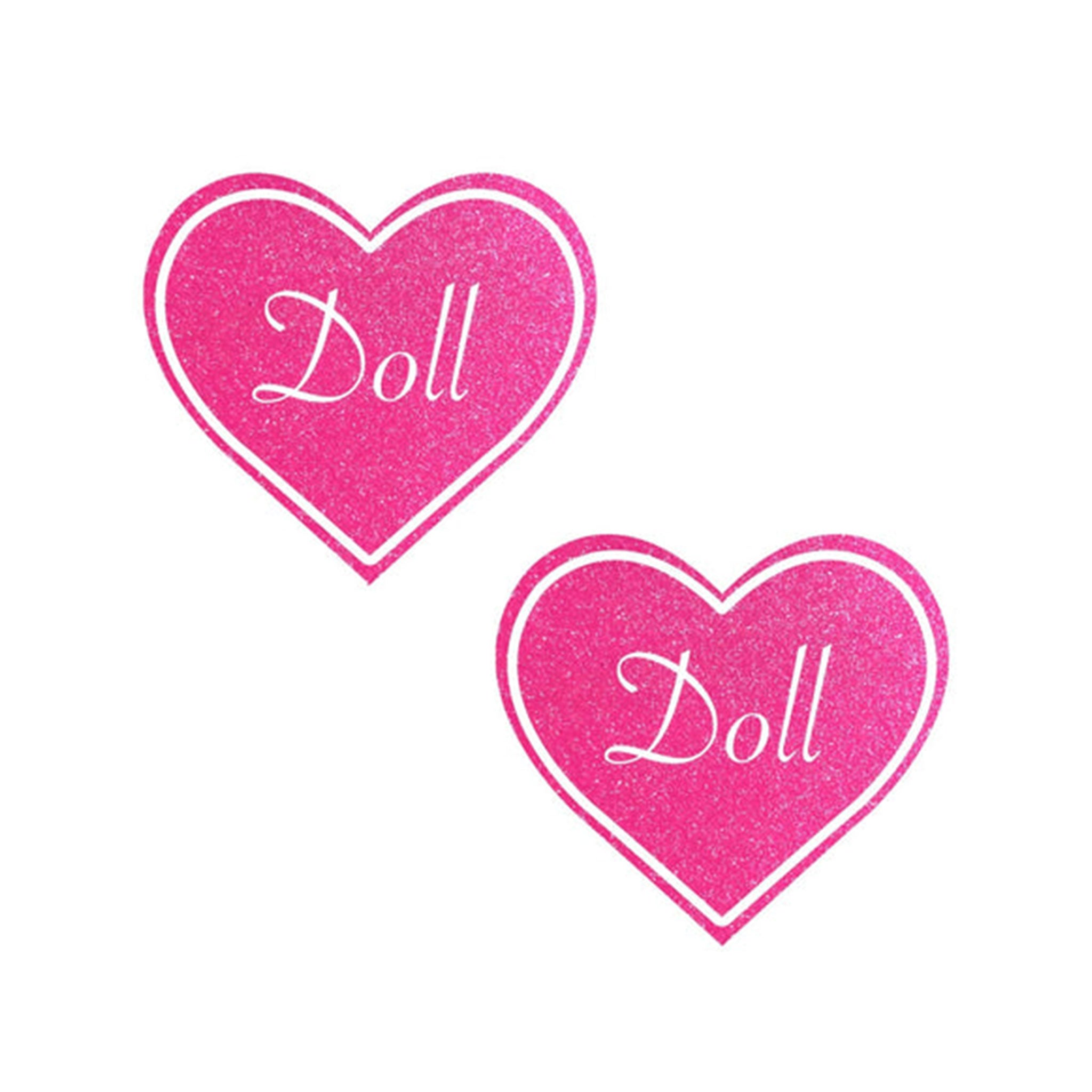 Adhesive medical-grade swimsuit-material self-adhesive hypoallergenic latex-free accessories intimates pasties nipple nipple-pasties nipple-covers breast-covers breast-shields blacklight blacklight-reactive glowing glitter heart-shaped doll barbie attention adoration outrageous fun fun-loving costume cosplay sexy female femme feminine women unisex pink