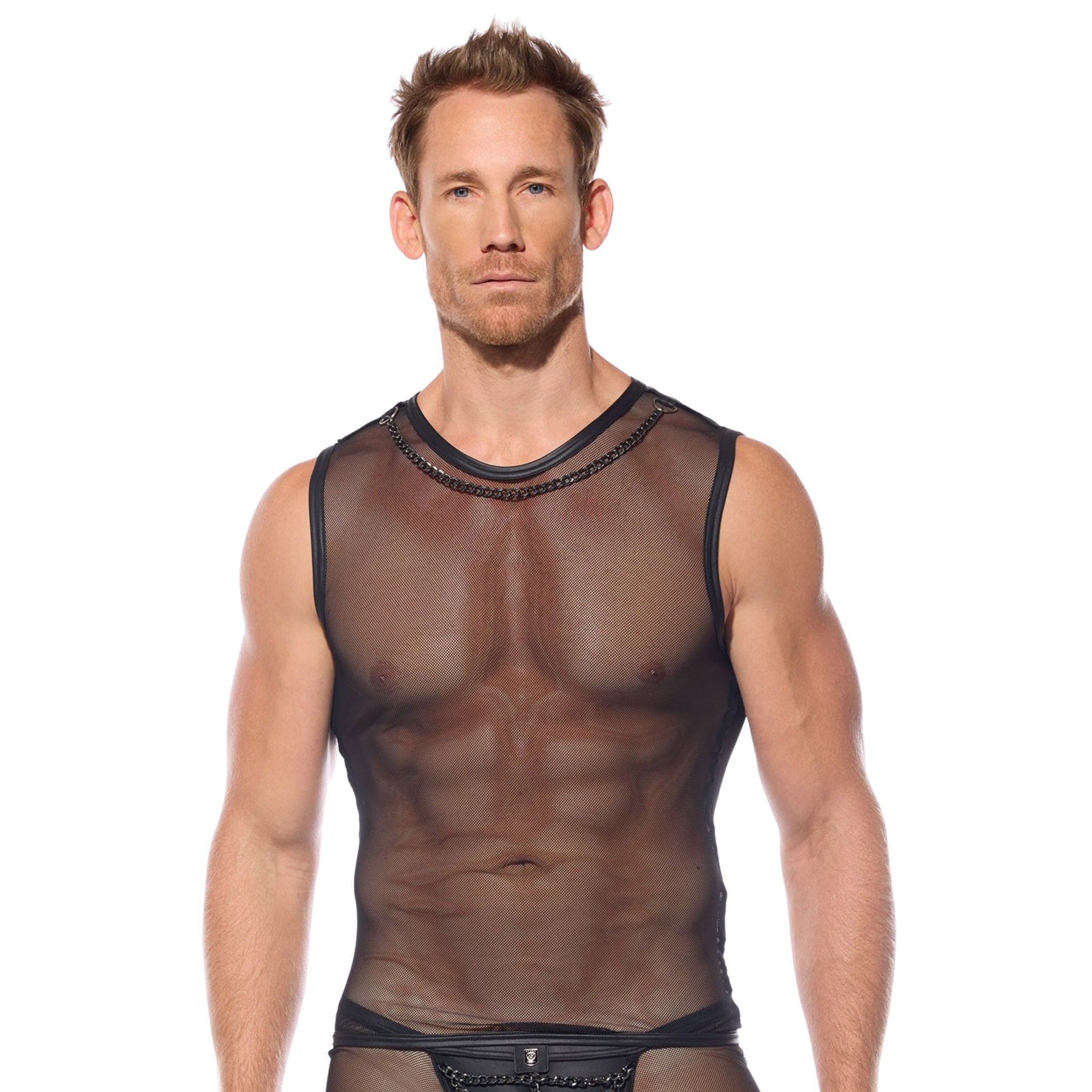 Mesh fabric top shirt sleeveless wetlook trim integrated hanging chain chains comfortable breezy fashion fetish-fashion rave rave-wear club club-wear ravewear clubwear men men's male masculine dude dudes black