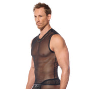 Mesh fabric top shirt sleeveless wetlook trim integrated hanging chain chains comfortable breezy fashion fetish-fashion rave rave-wear club club-wear ravewear clubwear men men's male masculine dude dudes black