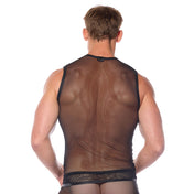 Mesh fabric top shirt sleeveless wetlook trim integrated hanging chain chains comfortable breezy fashion fetish-fashion rave rave-wear club club-wear ravewear clubwear men men's male masculine dude dudes black