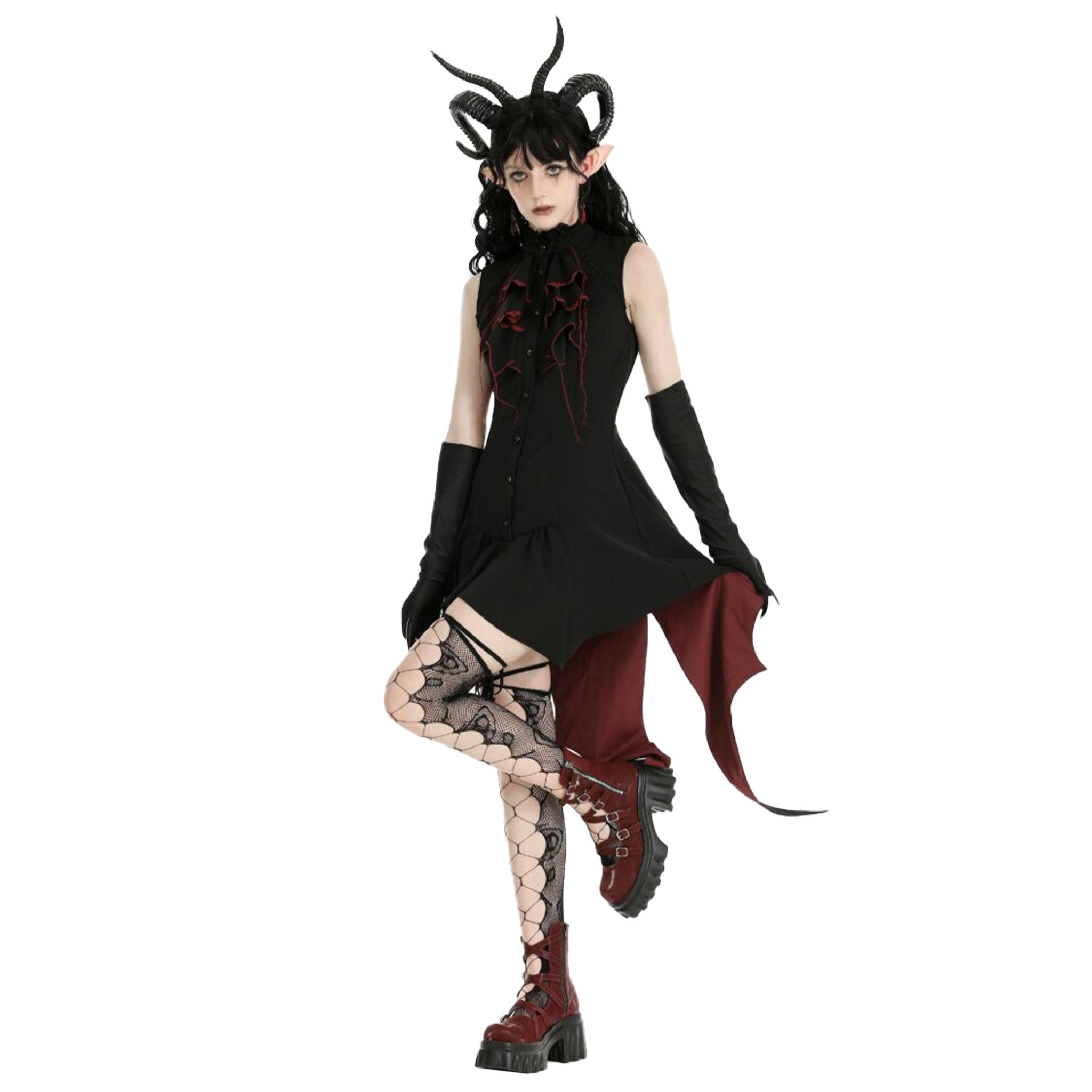 Polyester sleeveless dress midi irregular asymmetrical high-low hi-low hem ruffled high-neck stand lace collar tail bat wings goth halloween couture dark enchantress devil demon black red