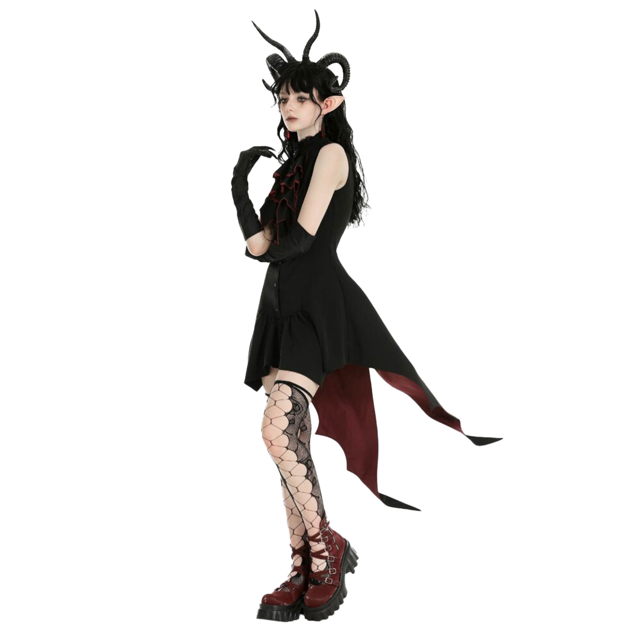 Polyester sleeveless dress midi irregular asymmetrical high-low hi-low hem ruffled high-neck stand lace collar tail bat wings goth halloween couture dark enchantress devil demon black red