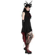 Polyester sleeveless dress midi irregular asymmetrical high-low hi-low hem ruffled high-neck stand lace collar tail bat wings goth halloween couture dark enchantress devil demon black red