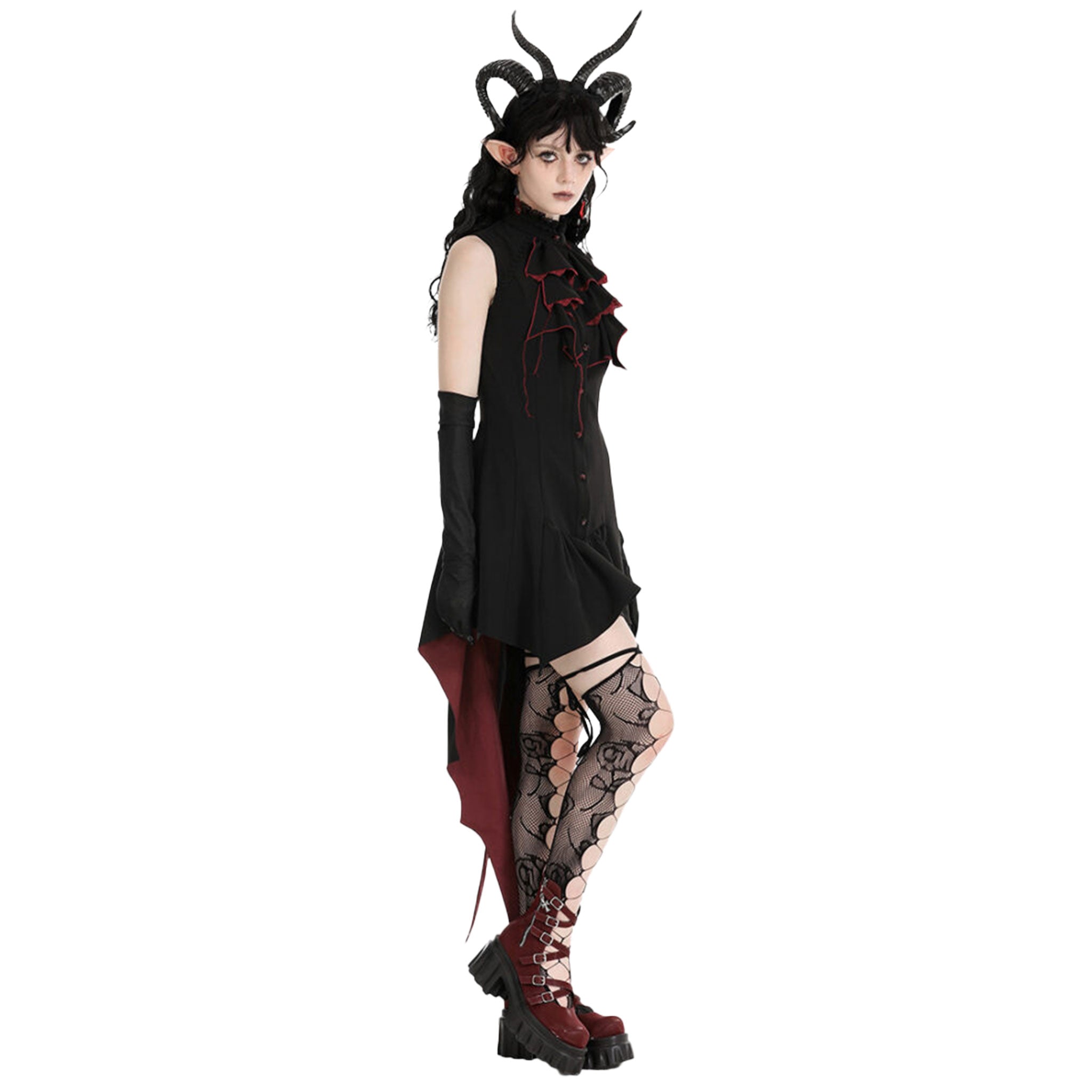 Polyester sleeveless dress midi irregular asymmetrical high-low hi-low hem ruffled high-neck stand lace collar tail bat wings goth halloween couture dark enchantress devil demon black red