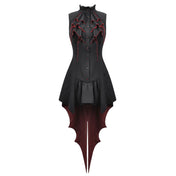 Polyester sleeveless dress midi irregular asymmetrical high-low hi-low hem ruffled high-neck stand lace collar tail bat wings goth halloween couture dark enchantress devil demon black red