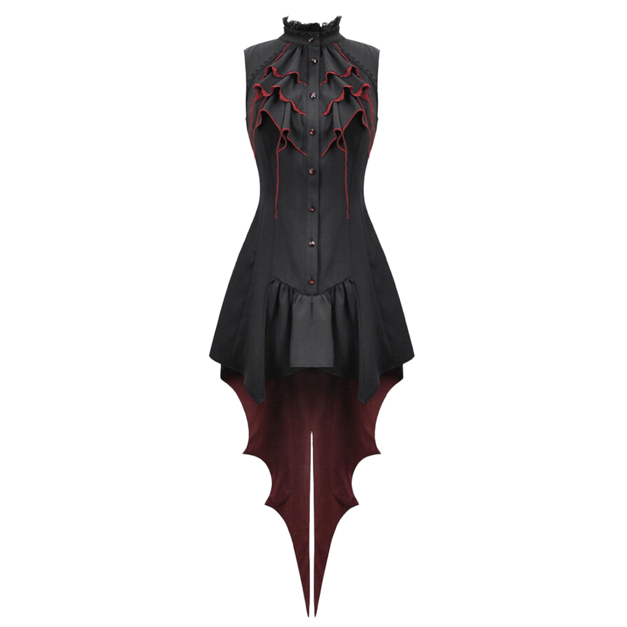 Polyester sleeveless dress midi irregular asymmetrical high-low hi-low hem ruffled high-neck stand lace collar tail bat wings goth halloween couture dark enchantress devil demon black red