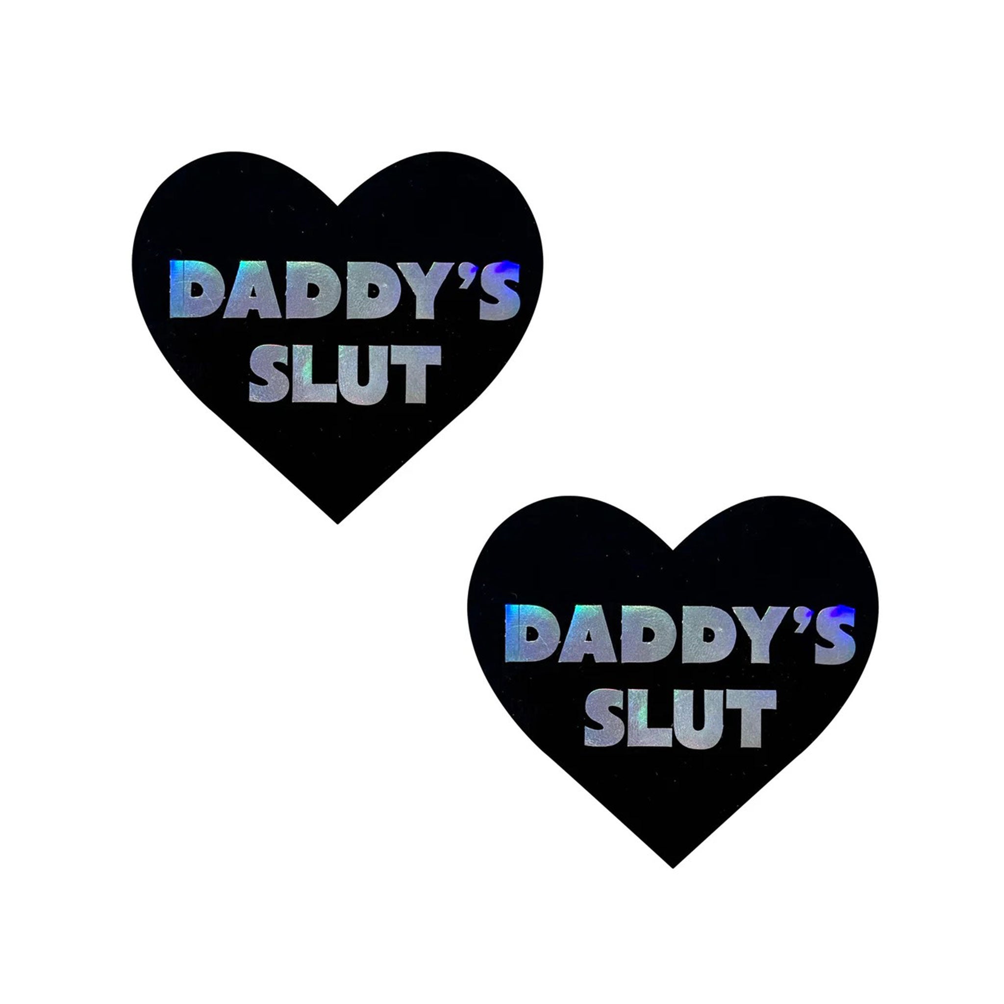 Adhesive medical-grade swimsuit-material vinyl accessories intimates pasties nipple nipple-pasties nipple-covers breast-covers breast-shields heart-shaped wetlook wet-look shiny glossy sexy slutty daddy's-slut i-heart-u costume cosplay halloween valentines black hologram holographic 