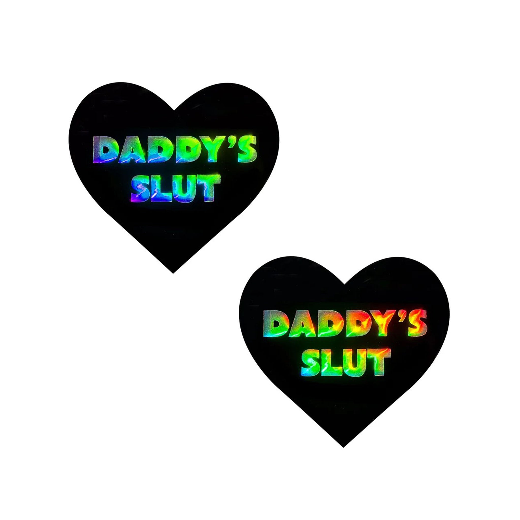 Adhesive medical-grade swimsuit-material vinyl accessories intimates pasties nipple nipple-pasties nipple-covers breast-covers breast-shields heart-shaped wetlook wet-look shiny glossy sexy slutty daddy's-slut i-heart-u costume cosplay halloween valentines black hologram holographic 