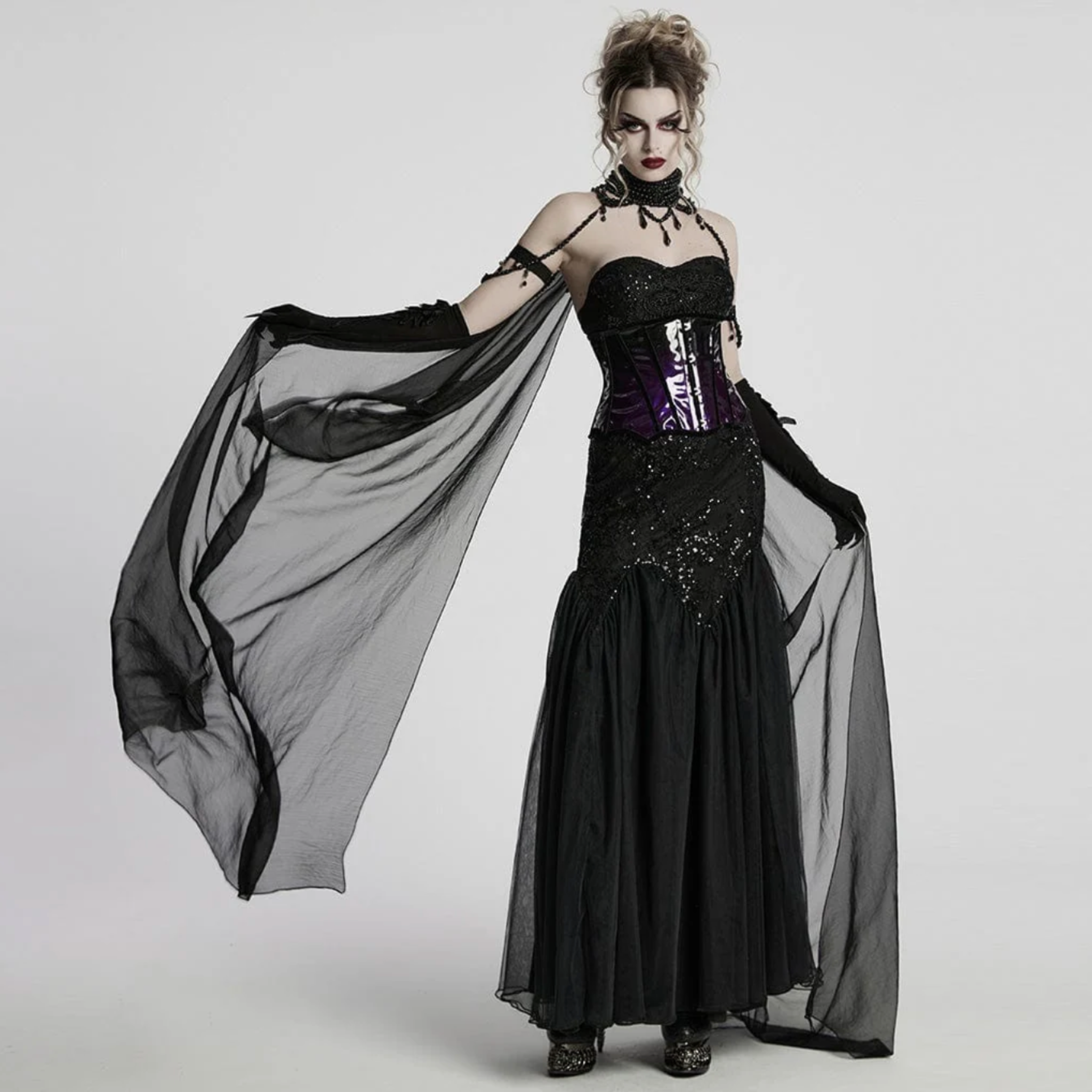 dark night vampire cloak gothic cape chiffon layered beaded chain victorian vampire cosplay cloak detachable steampunk fashion alternative fetish factory