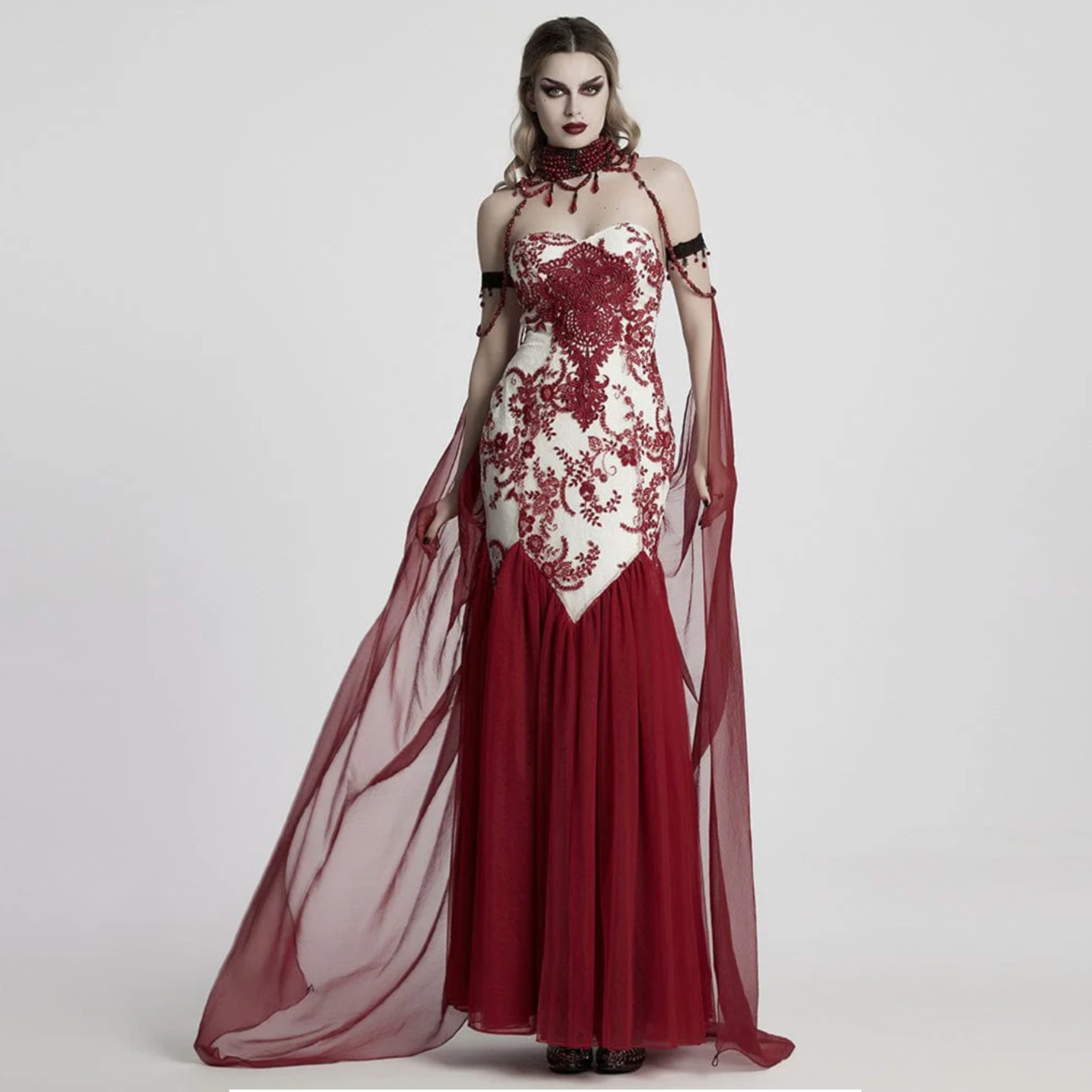 dark night vampire cloak gothic cape chiffon layered beaded chain victorian vampire cosplay cloak detachable steampunk fashion alternative fetish factory
