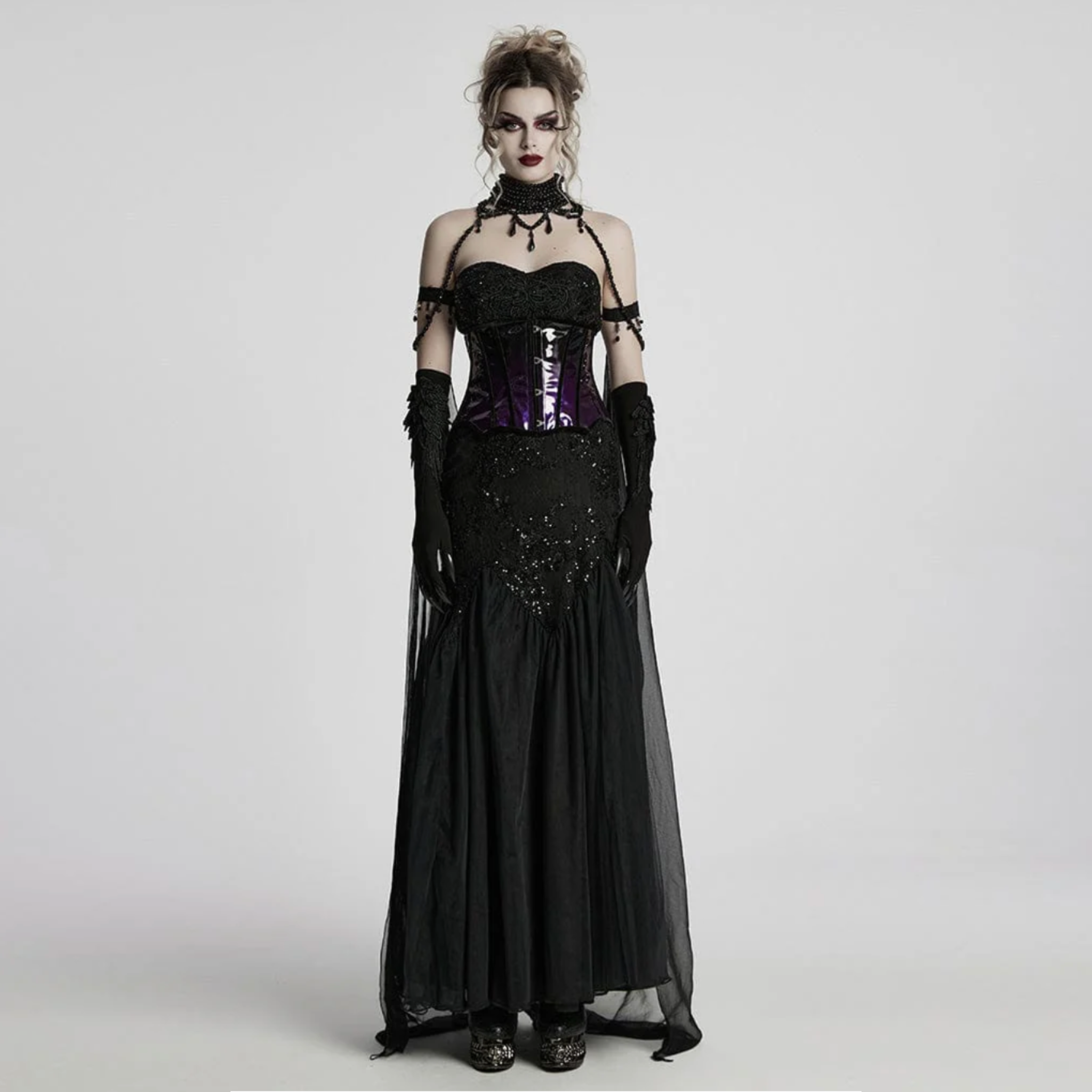 dark night vampire cloak gothic cape chiffon layered beaded chain victorian vampire cosplay cloak detachable steampunk fashion alternative fetish factory