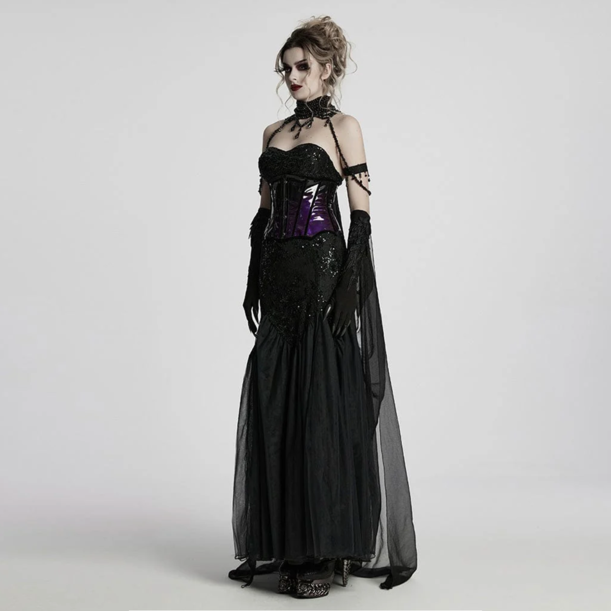 dark night vampire cloak gothic cape chiffon layered beaded chain victorian vampire cosplay cloak detachable steampunk fashion alternative fetish factory