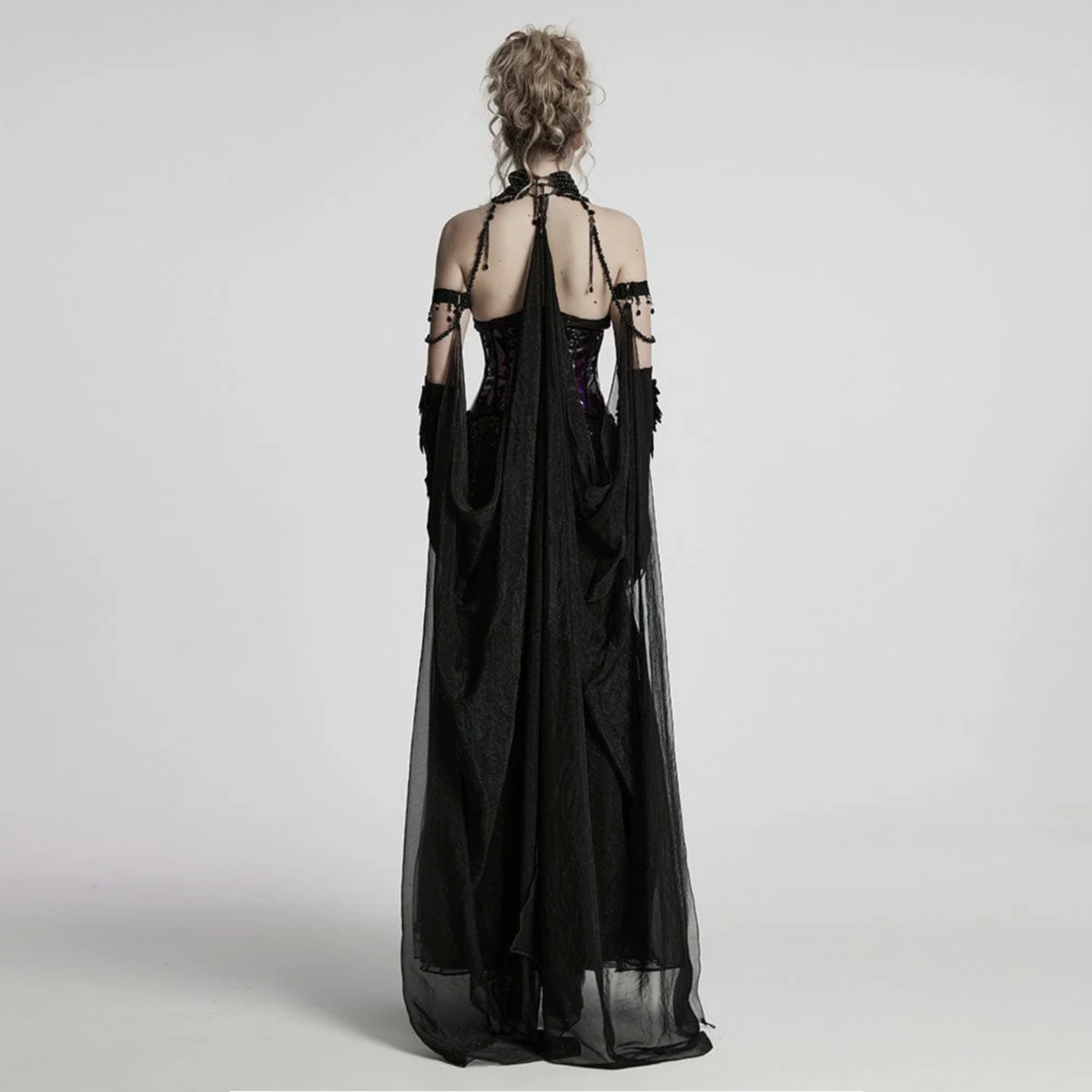dark night vampire cloak gothic cape chiffon layered beaded chain victorian vampire cosplay cloak detachable steampunk fashion alternative fetish factory