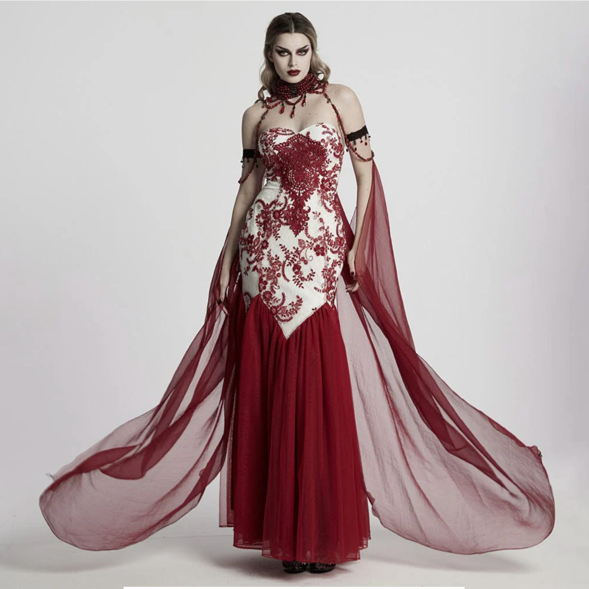 dark night vampire cloak gothic cape chiffon layered beaded chain victorian vampire cosplay cloak detachable steampunk fashion alternative fetish factory