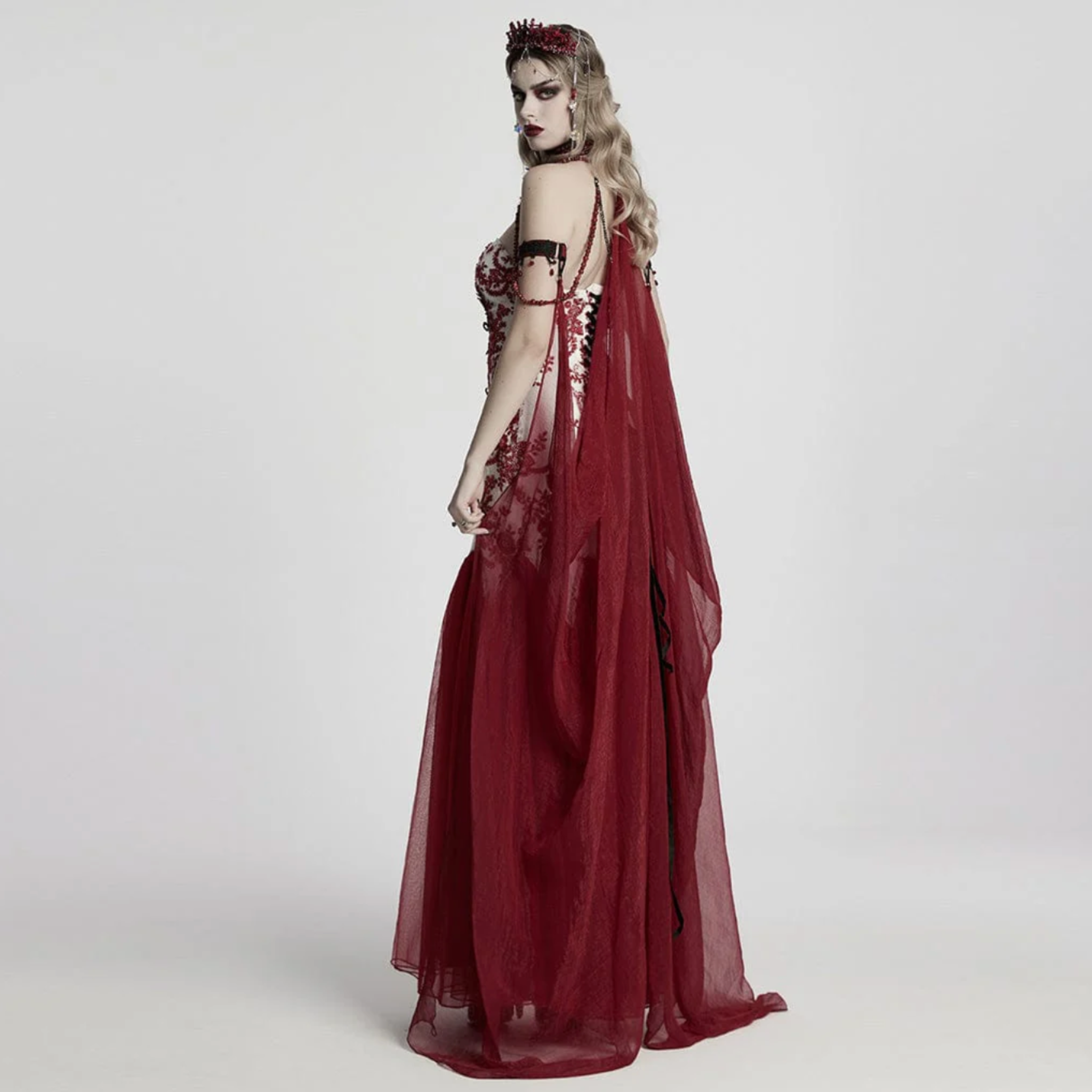 dark night vampire cloak gothic cape chiffon layered beaded chain victorian vampire cosplay cloak detachable steampunk fashion alternative fetish factory
